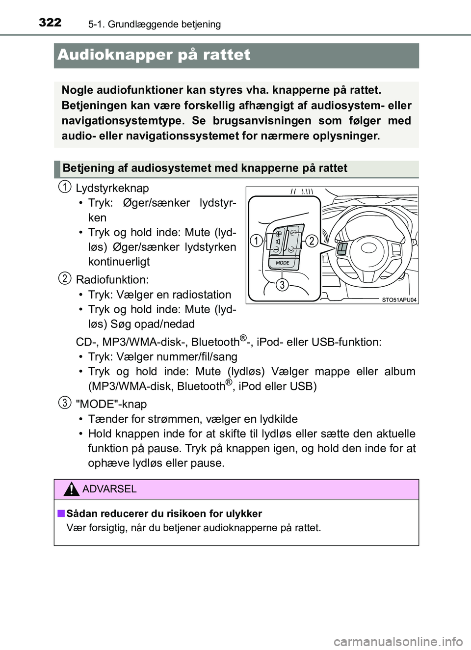 TOYOTA YARIS HATCHBACK 2017  Brugsanvisning (in Danish) 3225-1. Grundlæggende betjening
YARIS_HV_OM_Europe_OM52J66DK
Audioknapper på rattet
Lydstyrkeknap• Tryk: Øger/sænker lydstyr- ken
• Tryk og hold inde: Mute (lyd- løs) Øger/sænker lydstyrken