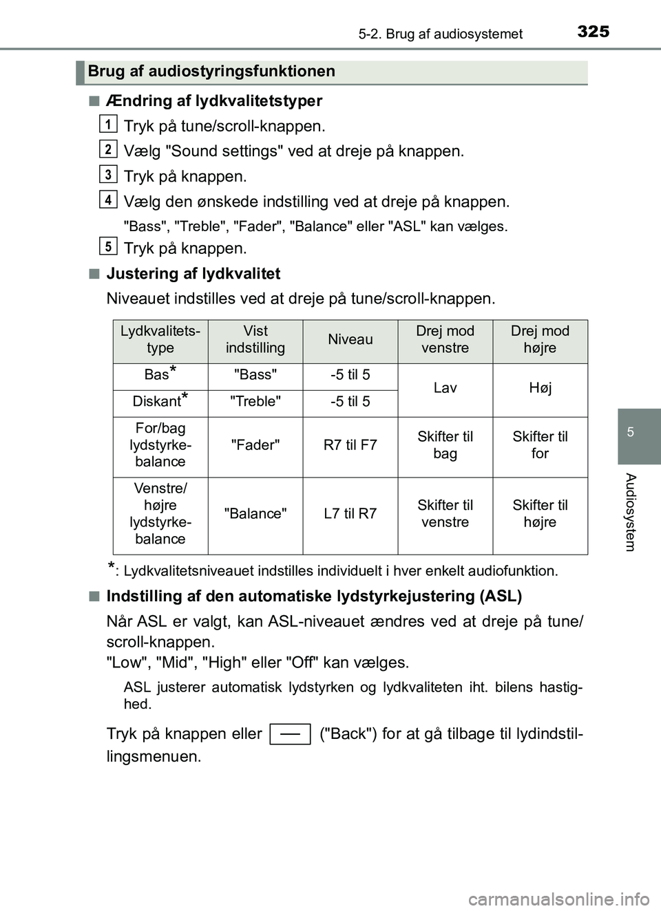 TOYOTA YARIS HATCHBACK 2017  Brugsanvisning (in Danish) 3255-2. Brug af audiosystemet
5
Audiosystem
YARIS_HV_OM_Europe_OM52J66DKn
Ændring af lydkvalitetstyper
Tryk på tune/scroll-knappen.
Vælg "Sound settings" ved at dreje på knappen.
Tryk på knappen.