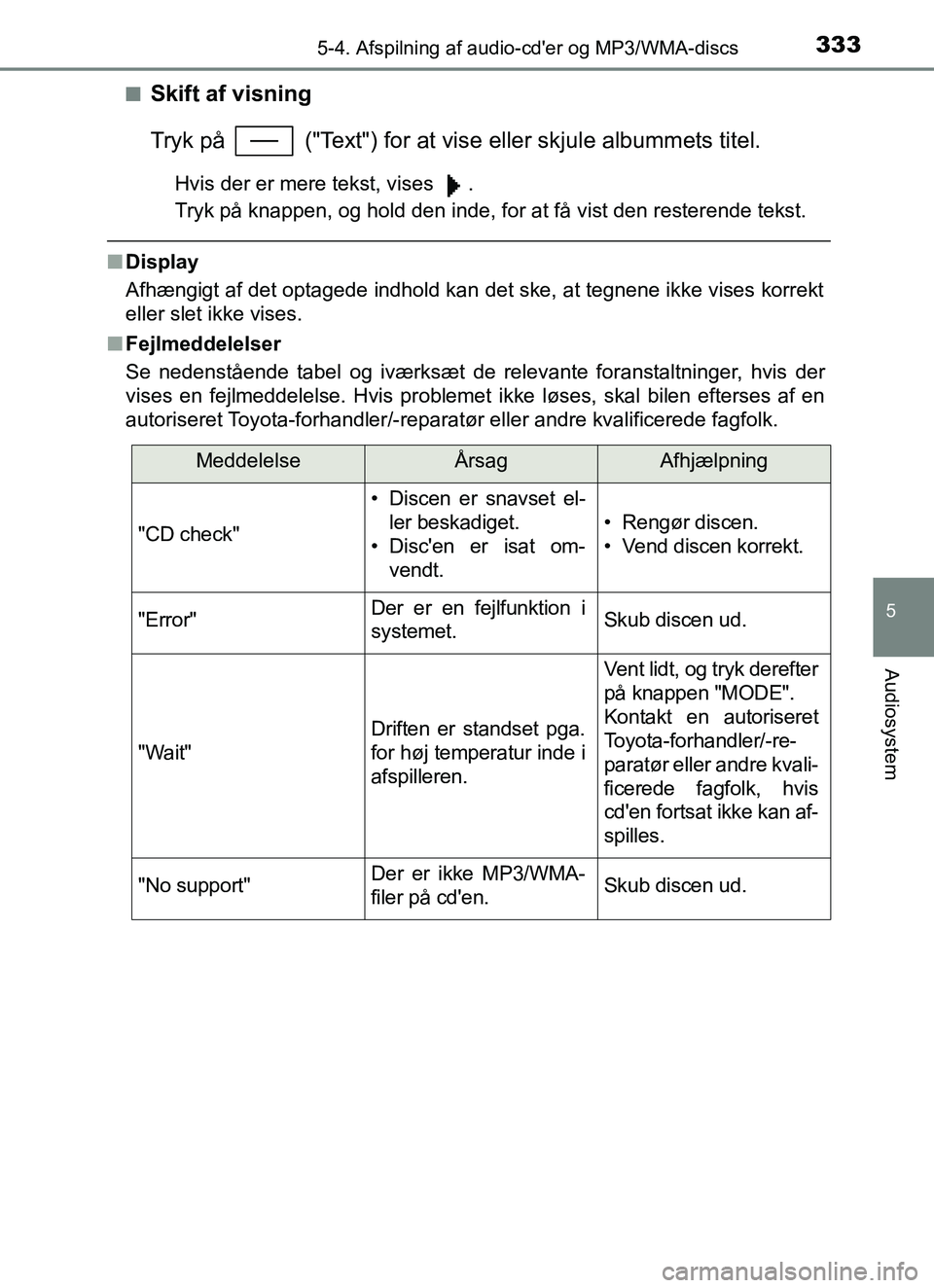 TOYOTA YARIS HATCHBACK 2017 Brugsanvisning (in Danish) 3335-4. Afspilning af audio-cder og MP3/WMA-discs
5
Audiosystem
YARIS_HV_OM_Europe_OM52J66DKn
Skift af visning
Tryk på ("Text") for at vise
eller skjule albummets titel.
Hvis der er mere tekst, v TOYOTA YARIS HATCHBACK 2017 Brugsanvisning (in Danish) 3335-4. Afspilning af audio-cder og MP3/WMA-discs
5
Audiosystem
YARIS_HV_OM_Europe_OM52J66DKn
Skift af visning
Tryk på ("Text") for at vise
eller skjule albummets titel.
Hvis der er mere tekst, v