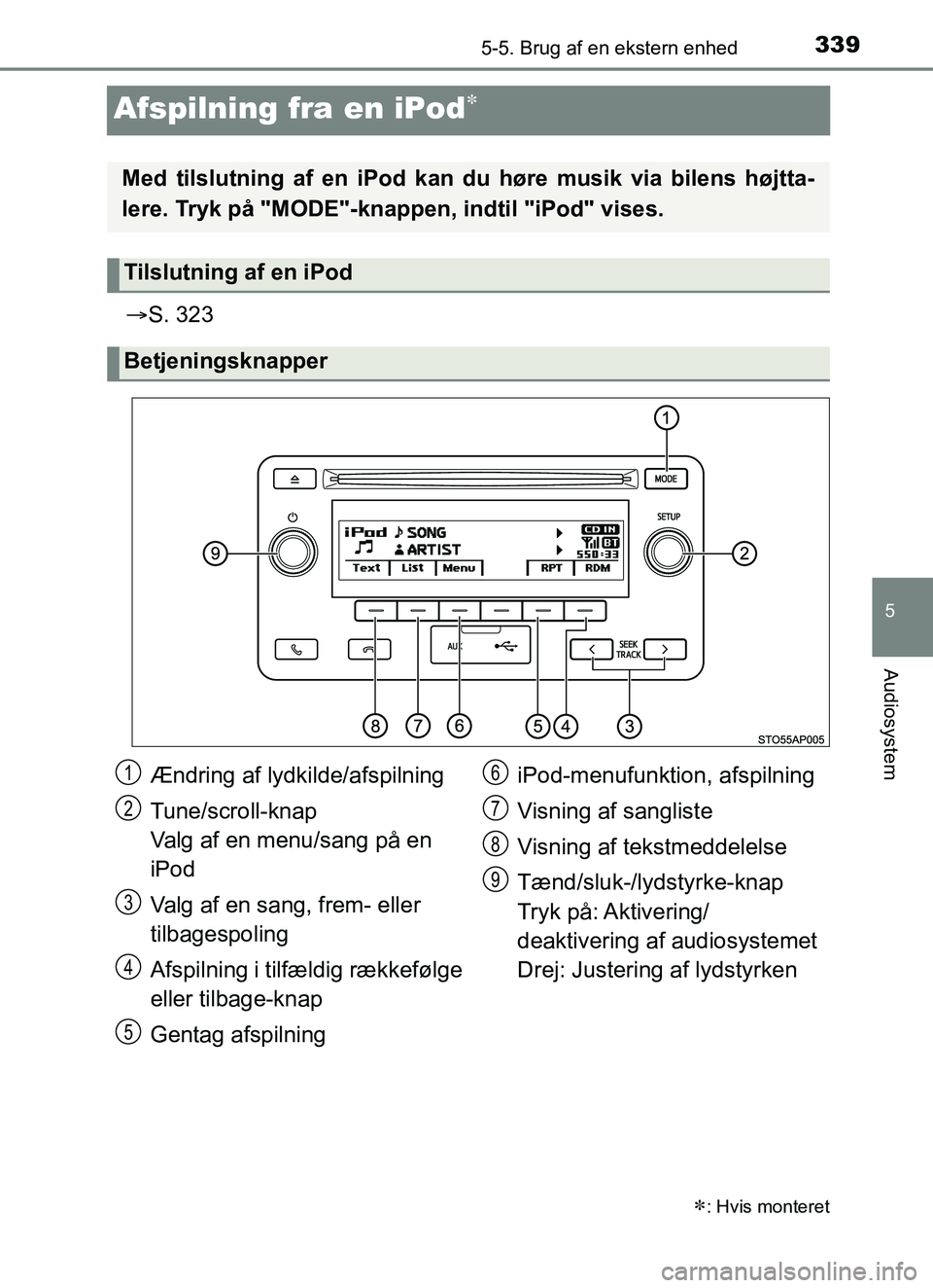 TOYOTA YARIS HATCHBACK 2017 Brugsanvisning (in Danish) 339
5
5-5. Brug af en ekstern enhed
Audiosystem
YARIS_HV_OM_Europe_OM52J66DK
Afspilning fra en iPod
S. 323
: Hvis monteret
Med tilslutning af en iPod kan du høre musik via bilens højtta-
le TOYOTA YARIS HATCHBACK 2017 Brugsanvisning (in Danish) 339
5
5-5. Brug af en ekstern enhed
Audiosystem
YARIS_HV_OM_Europe_OM52J66DK
Afspilning fra en iPod
S. 323
: Hvis monteret
Med tilslutning af en iPod kan du høre musik via bilens højtta-
le