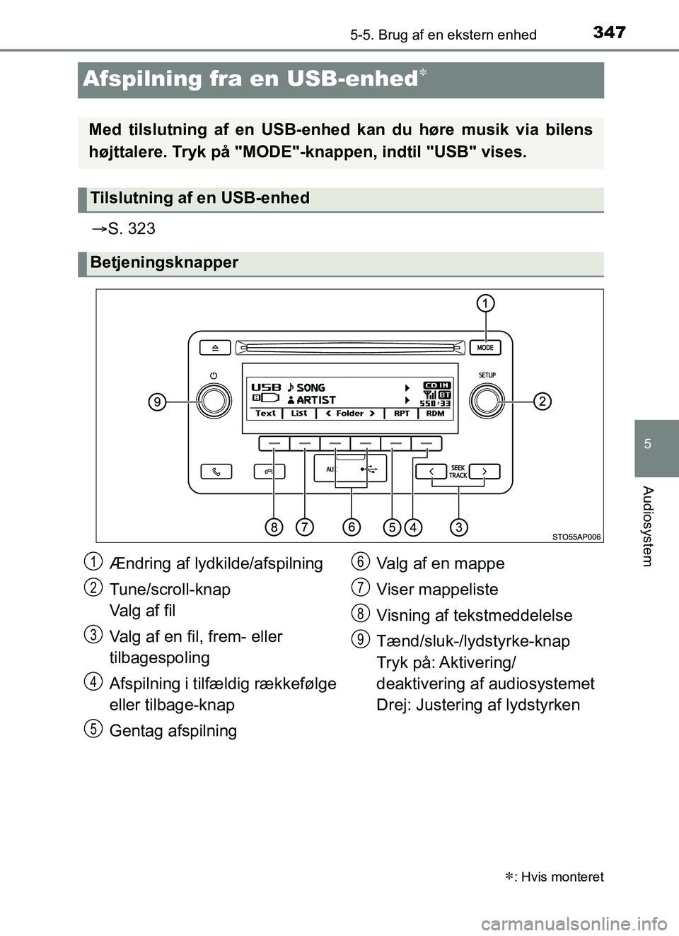 TOYOTA YARIS HATCHBACK 2017 Brugsanvisning (in Danish) 347
5
5-5. Brug af en ekstern enhed
Audiosystem
YARIS_HV_OM_Europe_OM52J66DK
Afspilning fra en USB-enhed
S. 323
: Hvis monteret
Med tilslutning af en USB-enhed kan du høre musik via bilens
h TOYOTA YARIS HATCHBACK 2017 Brugsanvisning (in Danish) 347
5
5-5. Brug af en ekstern enhed
Audiosystem
YARIS_HV_OM_Europe_OM52J66DK
Afspilning fra en USB-enhed
S. 323
: Hvis monteret
Med tilslutning af en USB-enhed kan du høre musik via bilens
h