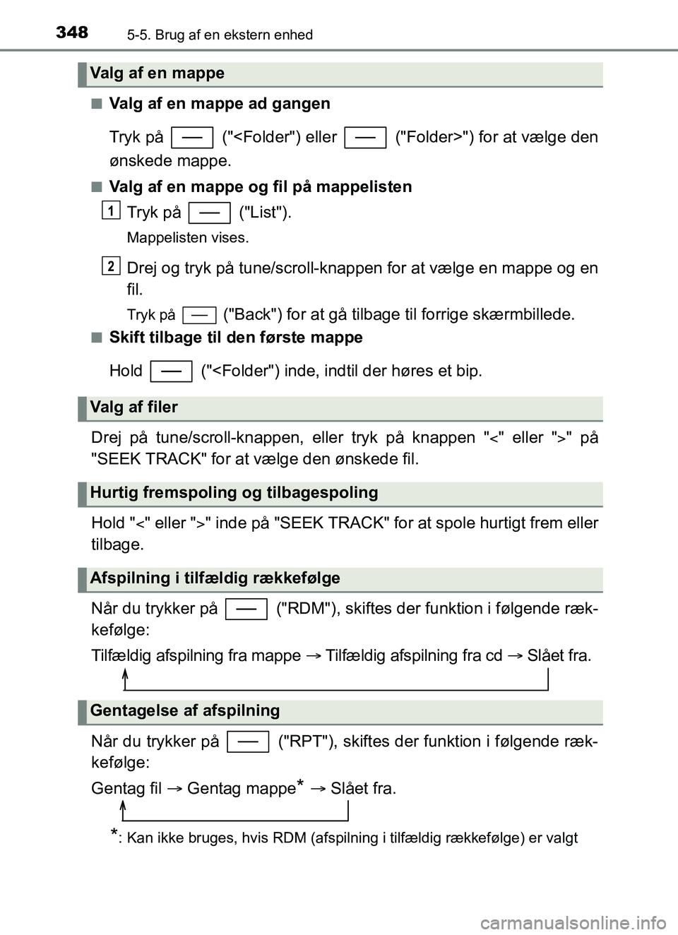 TOYOTA YARIS HATCHBACK 2017 Brugsanvisning (in Danish) 3485-5. Brug af en ekstern enhed
YARIS_HV_OM_Europe_OM52J66DKn
Valg af en mappe ad gangen
Tryk på ("<Folder") eller ("Folder>") for at vælge den
ønskede mappe.
nValg af en mappe og fil på mapp TOYOTA YARIS HATCHBACK 2017 Brugsanvisning (in Danish) 3485-5. Brug af en ekstern enhed
YARIS_HV_OM_Europe_OM52J66DKn
Valg af en mappe ad gangen
Tryk på ("<Folder") eller ("Folder>") for at vælge den
ønskede mappe.
nValg af en mappe og fil på mapp