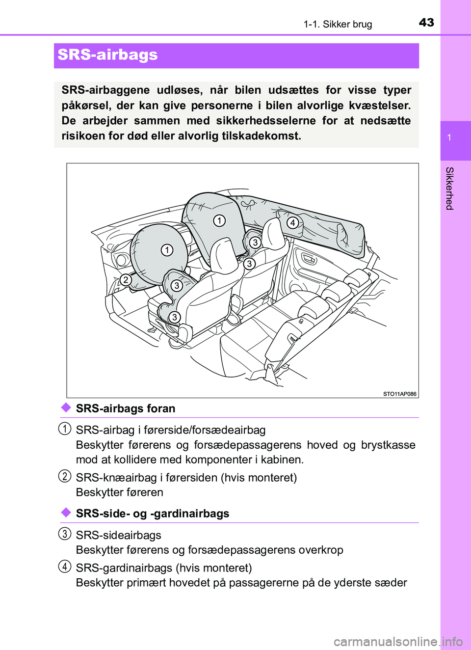 TOYOTA YARIS HATCHBACK 2017 Brugsanvisning (in Danish) 431-1. Sikker brug
1
Sikkerhed
YARIS_HV_OM_Europe_OM52J66DK
SRS-airbags
uSRS-airbags foran
SRS-airbag i førerside/forsædeairbag
Beskytter førerens og forsædepassagerens hoved og brystkasse
mod at TOYOTA YARIS HATCHBACK 2017 Brugsanvisning (in Danish) 431-1. Sikker brug
1
Sikkerhed
YARIS_HV_OM_Europe_OM52J66DK
SRS-airbags
uSRS-airbags foran
SRS-airbag i førerside/forsædeairbag
Beskytter førerens og forsædepassagerens hoved og brystkasse
mod at
