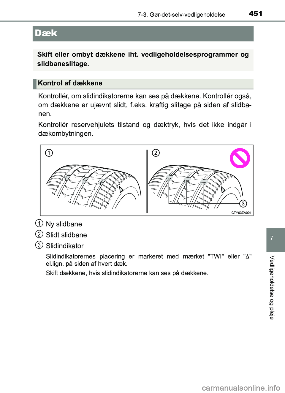 TOYOTA YARIS HATCHBACK 2017  Brugsanvisning (in Danish) 4517-3. Gør-det-selv-vedligeholdelse
7
Vedligeholdelse og pleje
YARIS_HV_OM_Europe_OM52J66DK
Dæk
Kontrollér, om slidindikatorerne kan ses på dækkene. Kontrollér også,
om dækkene er ujævnt sli