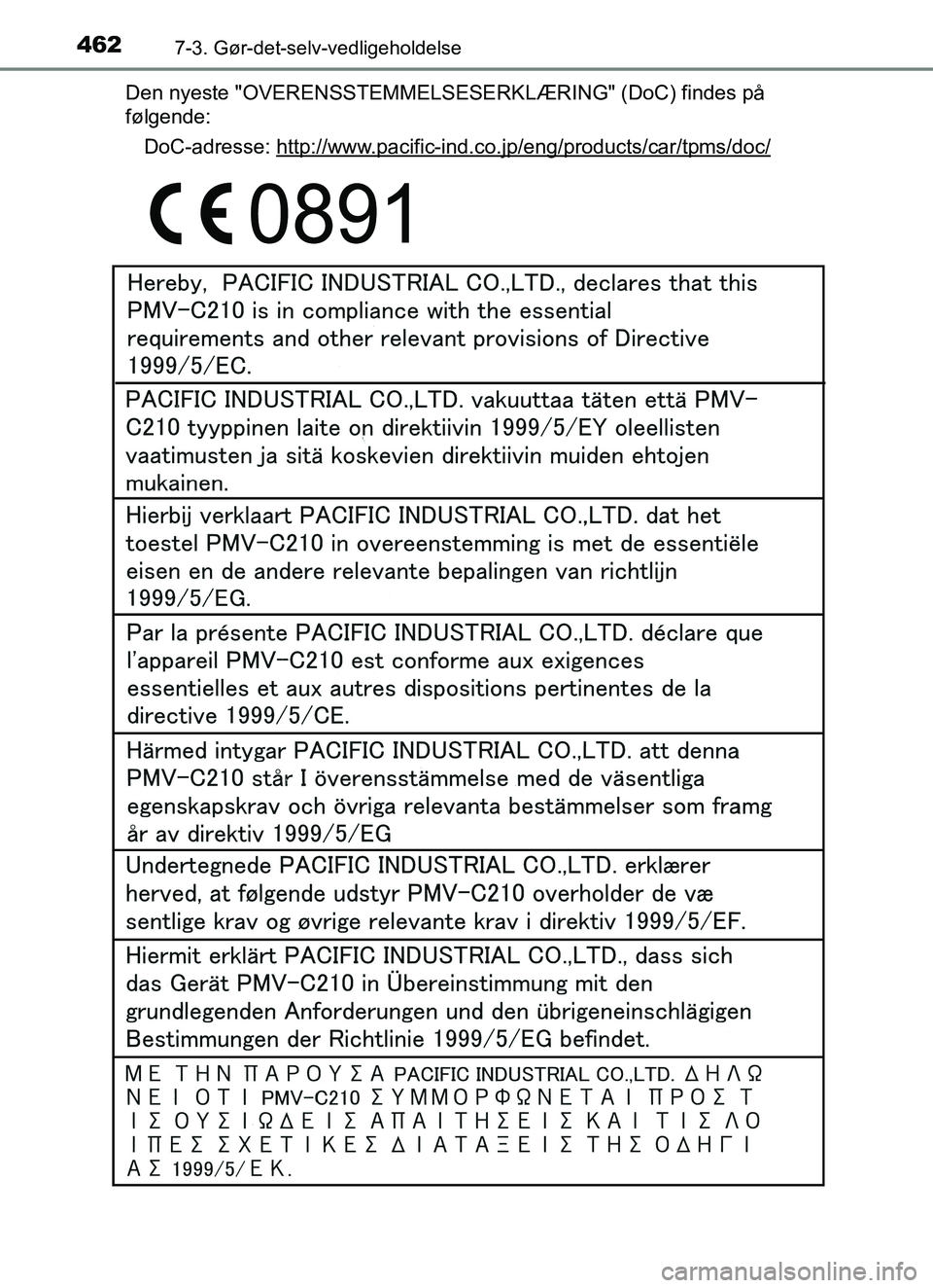 TOYOTA YARIS HATCHBACK 2017 Brugsanvisning (in Danish) 4627-3. Gør-det-selv-vedligeholdelse
YARIS_HV_OM_Europe_OM52J66DKDen nyeste "OVERENSSTEMMELSESERKLÆRING" (DoC) findes på
følgende:
DoC-adresse: http://www.pacific-ind.co.jp/eng/products/car/tpms/ TOYOTA YARIS HATCHBACK 2017 Brugsanvisning (in Danish) 4627-3. Gør-det-selv-vedligeholdelse
YARIS_HV_OM_Europe_OM52J66DKDen nyeste "OVERENSSTEMMELSESERKLÆRING" (DoC) findes på
følgende:
DoC-adresse: http://www.pacific-ind.co.jp/eng/products/car/tpms/
