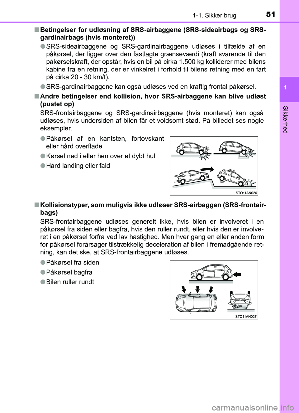 TOYOTA YARIS HATCHBACK 2017 Brugsanvisning (in Danish) 511-1. Sikker brug
1
Sikkerhed
YARIS_HV_OM_Europe_OM52J66DKn
Betingelser for udløsning af SRS-ai rbaggene (SRS-sideairbags og SRS-
gardinairbags (hvis monteret))
l SRS-sideairbaggene og SRS-gardinair TOYOTA YARIS HATCHBACK 2017 Brugsanvisning (in Danish) 511-1. Sikker brug
1
Sikkerhed
YARIS_HV_OM_Europe_OM52J66DKn
Betingelser for udløsning af SRS-ai rbaggene (SRS-sideairbags og SRS-
gardinairbags (hvis monteret))
l SRS-sideairbaggene og SRS-gardinair