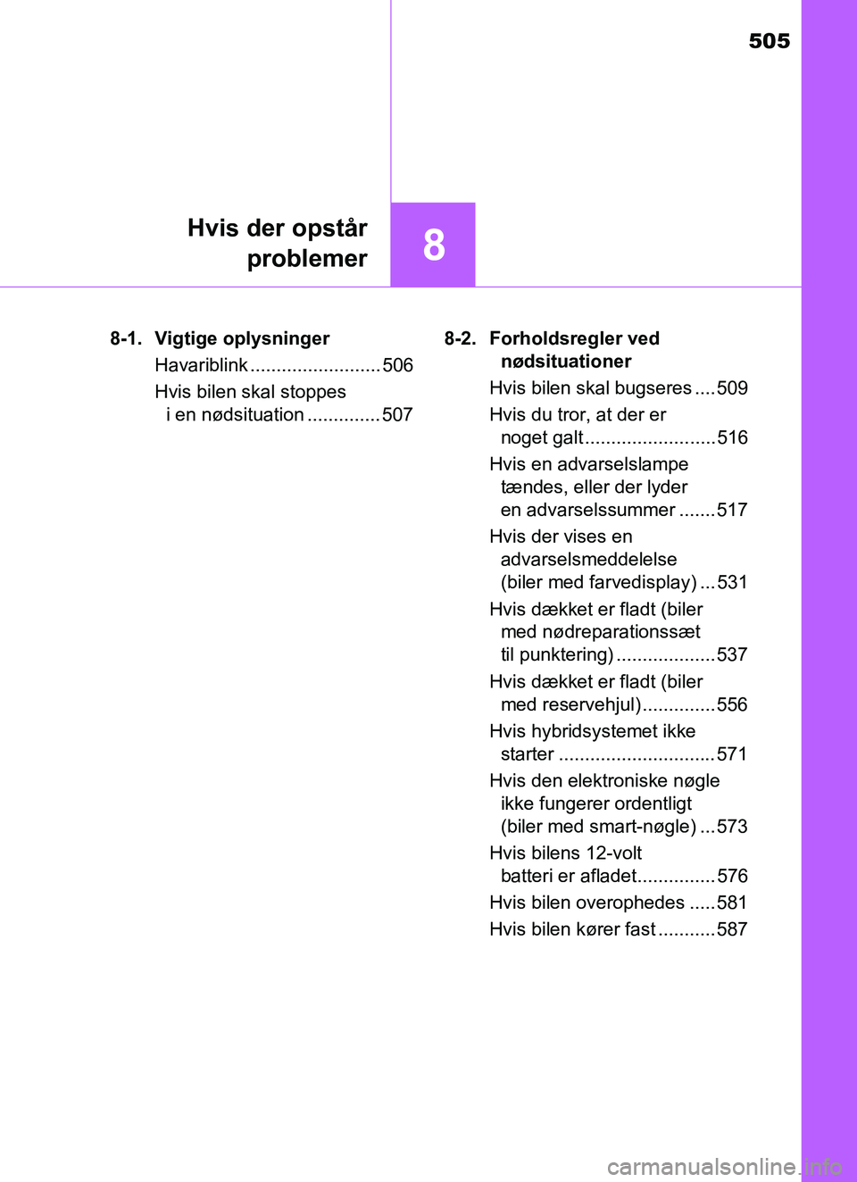 TOYOTA YARIS HATCHBACK 2017 Brugsanvisning (in Danish) 505
8
Hvis der opstårproblemer
YARIS_HV_OM_Europe_OM52J66DK 8-1. Vigtige oplysninger
Havariblink ......................... 506
Hvis bilen skal stoppes i en nødsituation .............. 507 8-2. Forho TOYOTA YARIS HATCHBACK 2017 Brugsanvisning (in Danish) 505
8
Hvis der opstårproblemer
YARIS_HV_OM_Europe_OM52J66DK 8-1. Vigtige oplysninger
Havariblink ......................... 506
Hvis bilen skal stoppes i en nødsituation .............. 507 8-2. Forho
