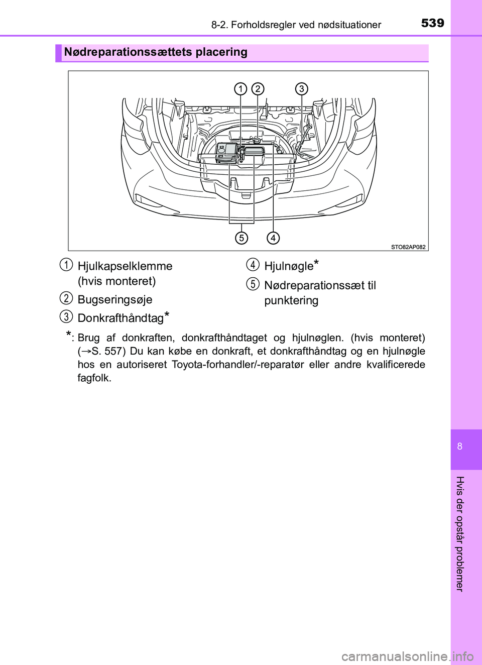 TOYOTA YARIS HATCHBACK 2017 Brugsanvisning (in Danish) 5398-2. Forholdsregler ved nødsituationer
8
Hvis der opstår problemer
YARIS_HV_OM_Europe_OM52J66DK
*: Brug af donkraften, donkrafthåndtaget og hjulnøglen. (hvis monteret)
(S. 557) Du kan købe TOYOTA YARIS HATCHBACK 2017 Brugsanvisning (in Danish) 5398-2. Forholdsregler ved nødsituationer
8
Hvis der opstår problemer
YARIS_HV_OM_Europe_OM52J66DK
*: Brug af donkraften, donkrafthåndtaget og hjulnøglen. (hvis monteret)
(S. 557) Du kan købe