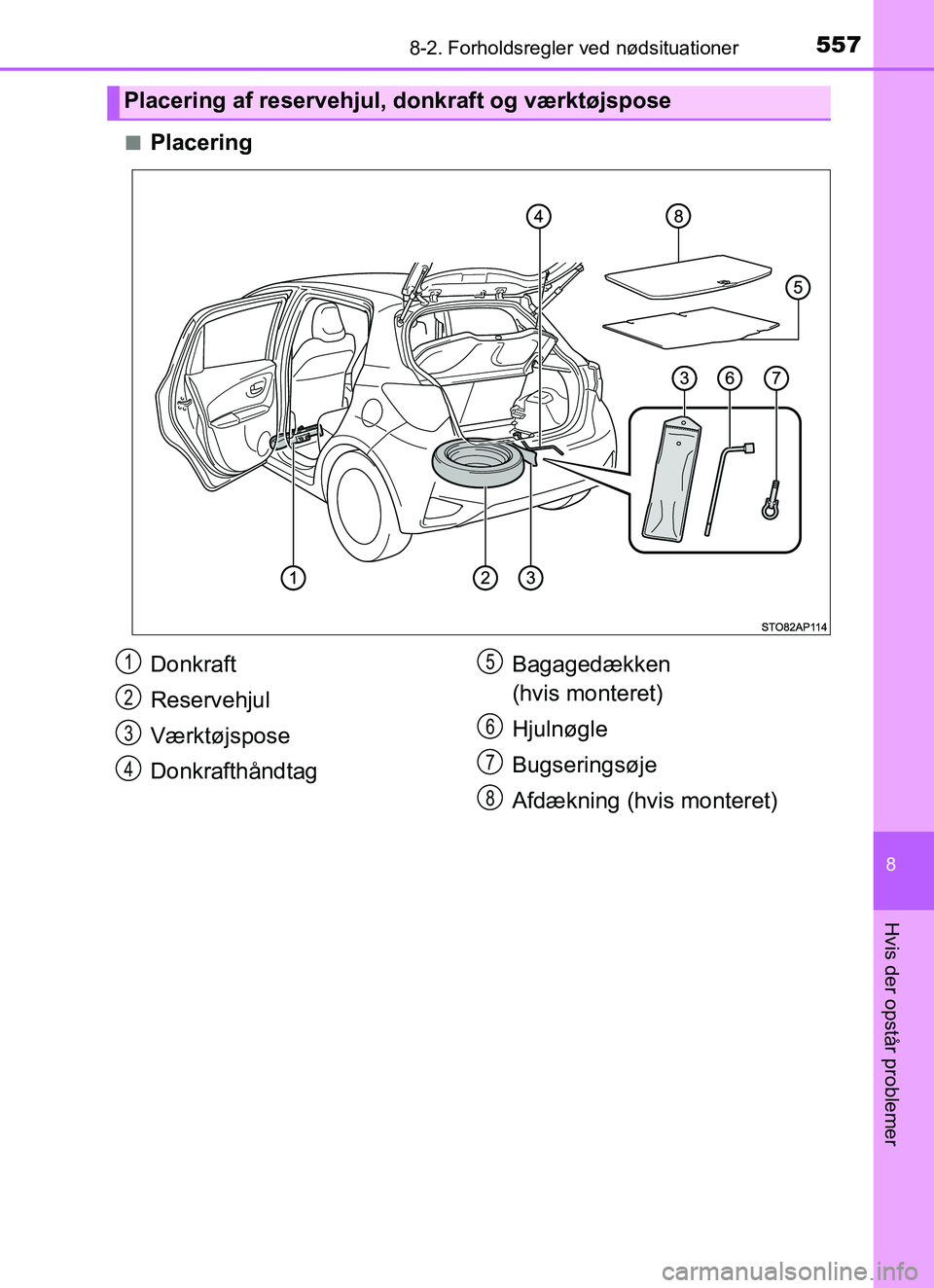 TOYOTA YARIS HATCHBACK 2017  Brugsanvisning (in Danish) 5578-2. Forholdsregler ved nødsituationer
8
Hvis der opstår problemer
YARIS_HV_OM_Europe_OM52J66DKn
Placering
Placering af reservehjul, donkraft og værktøjspose
Donkraft
Reservehjul
Værktøjspose