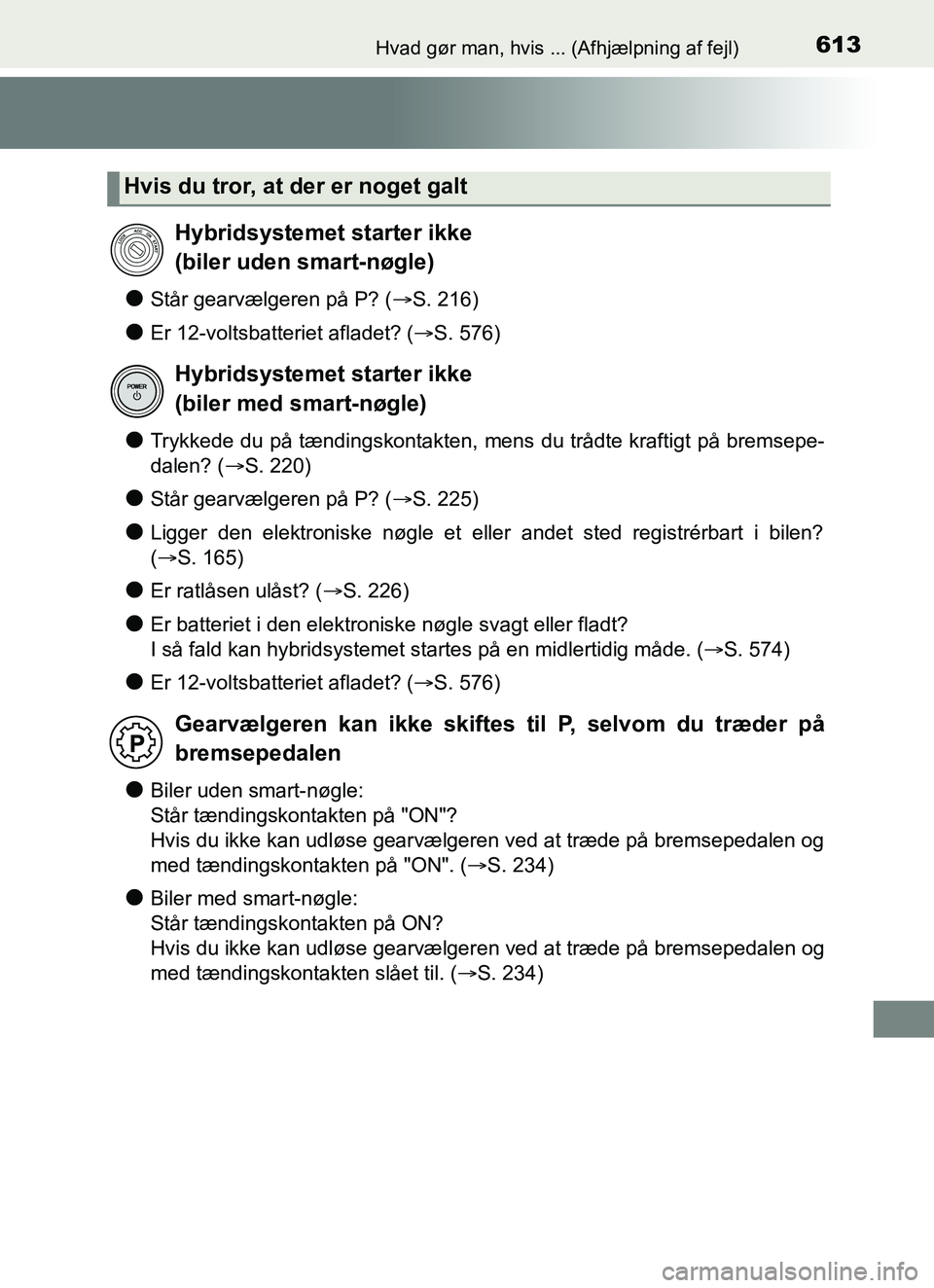 TOYOTA YARIS HATCHBACK 2017 Brugsanvisning (in Danish) 613Hvad gør man, hvis ... (Afhjælpning af fejl)
YARIS_HV_OM_Europe_OM52J66DK
lStår gearvælgeren på P? (S. 216)
lEr 12-voltsbatteriet afladet? ( S. 576)
lTrykkede du på tændingskontakten, TOYOTA YARIS HATCHBACK 2017 Brugsanvisning (in Danish) 613Hvad gør man, hvis ... (Afhjælpning af fejl)
YARIS_HV_OM_Europe_OM52J66DK
lStår gearvælgeren på P? (S. 216)
lEr 12-voltsbatteriet afladet? ( S. 576)
lTrykkede du på tændingskontakten,