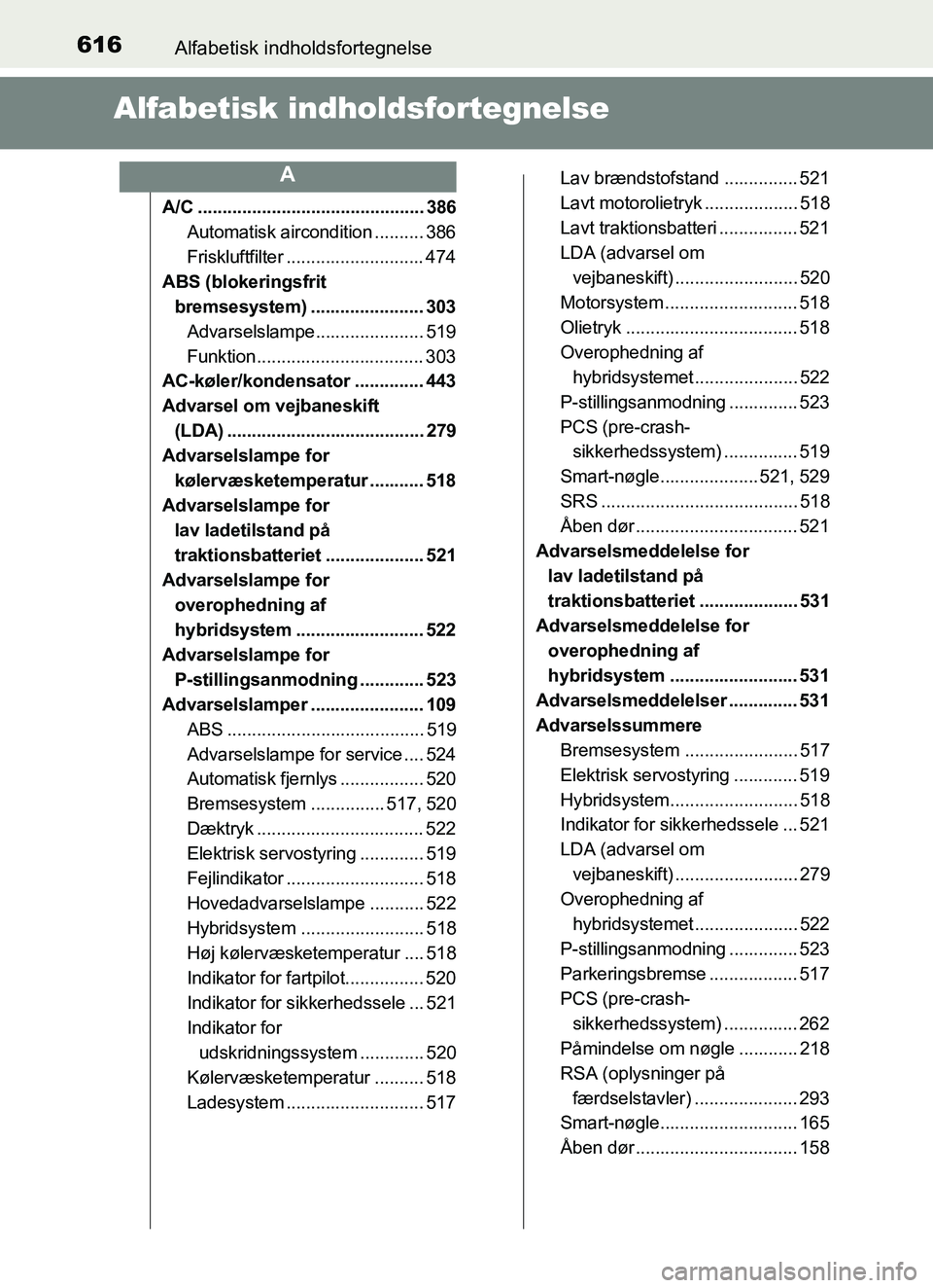 TOYOTA YARIS HATCHBACK 2017 Brugsanvisning (in Danish) 616Alfabetisk indholdsfortegnelse
YARIS_HV_OM_Europe_OM52J66DK
Alfabetisk indholdsfortegnelse
A/C .............................................. 386Automatisk aircondition .......... 386
Friskluftfilt TOYOTA YARIS HATCHBACK 2017 Brugsanvisning (in Danish) 616Alfabetisk indholdsfortegnelse
YARIS_HV_OM_Europe_OM52J66DK
Alfabetisk indholdsfortegnelse
A/C .............................................. 386Automatisk aircondition .......... 386
Friskluftfilt