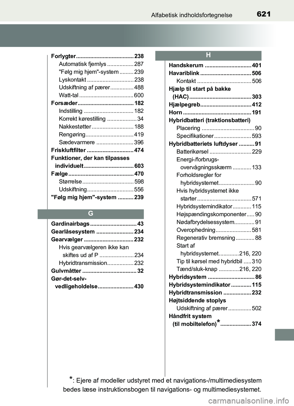 TOYOTA YARIS HATCHBACK 2017 Brugsanvisning (in Danish) 621Alfabetisk indholdsfortegnelse
YARIS_HV_OM_Europe_OM52J66DK
Forlygter ..................................... 238Automatisk fjernlys ................. 287
"Følg mig hjem"-system ......... 239
Lyskon TOYOTA YARIS HATCHBACK 2017 Brugsanvisning (in Danish) 621Alfabetisk indholdsfortegnelse
YARIS_HV_OM_Europe_OM52J66DK
Forlygter ..................................... 238Automatisk fjernlys ................. 287
"Følg mig hjem"-system ......... 239
Lyskon