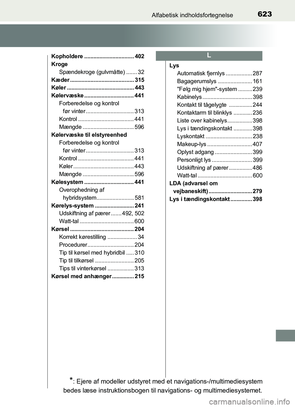 TOYOTA YARIS HATCHBACK 2017 Brugsanvisning (in Danish) 623Alfabetisk indholdsfortegnelse
YARIS_HV_OM_Europe_OM52J66DK
Kopholdere ................................ 402
KrogeSpændekroge (gulvmåtte) ....... 32
Kæder ........................................ TOYOTA YARIS HATCHBACK 2017 Brugsanvisning (in Danish) 623Alfabetisk indholdsfortegnelse
YARIS_HV_OM_Europe_OM52J66DK
Kopholdere ................................ 402
KrogeSpændekroge (gulvmåtte) ....... 32
Kæder ........................................