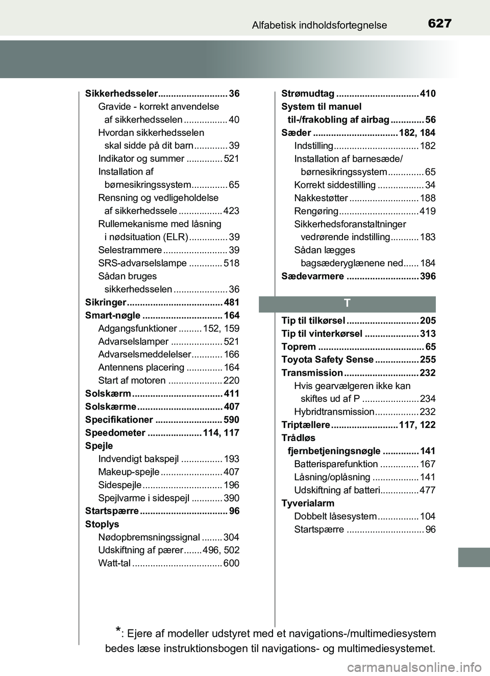 TOYOTA YARIS HATCHBACK 2017 Brugsanvisning (in Danish) 627Alfabetisk indholdsfortegnelse
YARIS_HV_OM_Europe_OM52J66DK
Sikkerhedsseler........................... 36Gravide - korrekt anvendelse
af sikkerhedsselen ................. 40
Hvordan sikkerhedssele TOYOTA YARIS HATCHBACK 2017 Brugsanvisning (in Danish) 627Alfabetisk indholdsfortegnelse
YARIS_HV_OM_Europe_OM52J66DK
Sikkerhedsseler........................... 36Gravide - korrekt anvendelse
af sikkerhedsselen ................. 40
Hvordan sikkerhedssele
