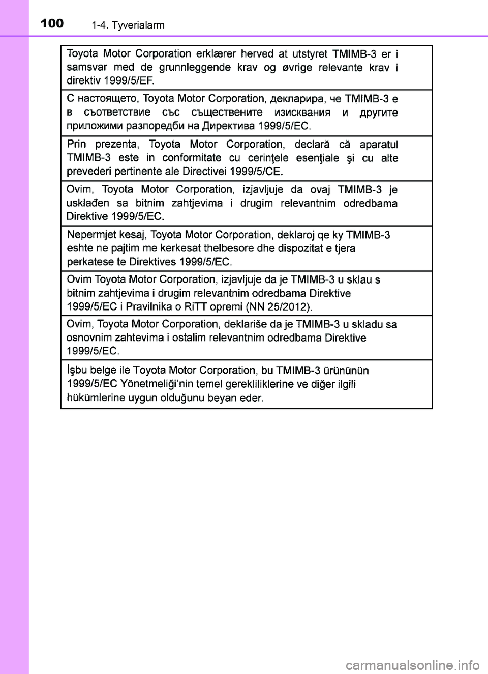TOYOTA YARIS HATCHBACK 2017 Brugsanvisning (in Danish) 1001-4. Tyverialarm
YARIS_HV_OM_Europe_OM52J66DK
OM52J66DK.book Page 100 Thursday, October 19, 2017 2:42 PM TOYOTA YARIS HATCHBACK 2017 Brugsanvisning (in Danish) 1001-4. Tyverialarm
YARIS_HV_OM_Europe_OM52J66DK
OM52J66DK.book Page 100 Thursday, October 19, 2017 2:42 PM