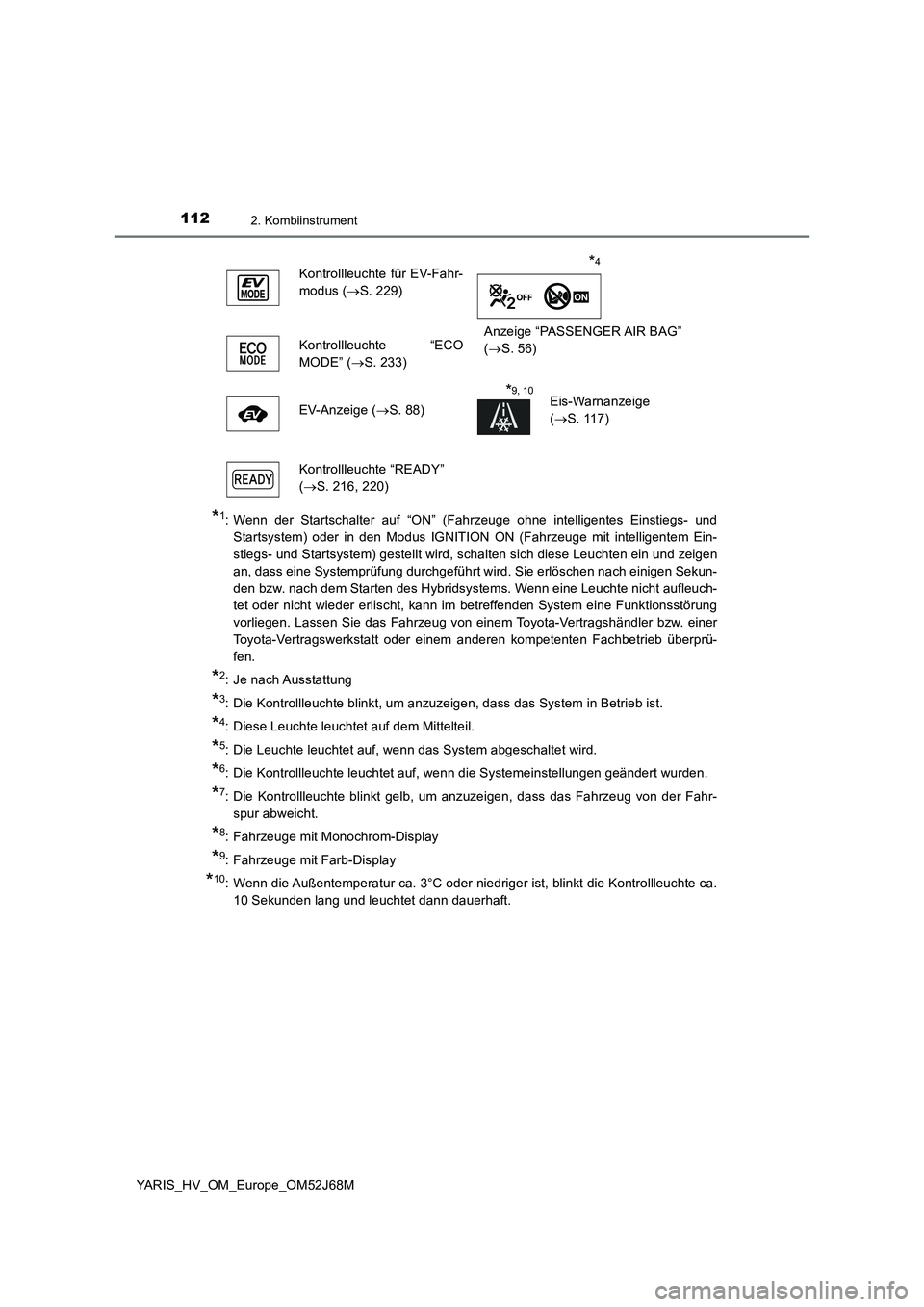 TOYOTA YARIS HATCHBACK 2017  Betriebsanleitungen (in German) 1122. Kombiinstrument
YARIS_HV_OM_Europe_OM52J68M
*1: Wenn der Startschalter auf “ON” (Fahrzeuge ohne intelligentes Einstiegs- und
Startsystem) oder in den Modus IGNITION ON (Fahrzeuge mit intelli