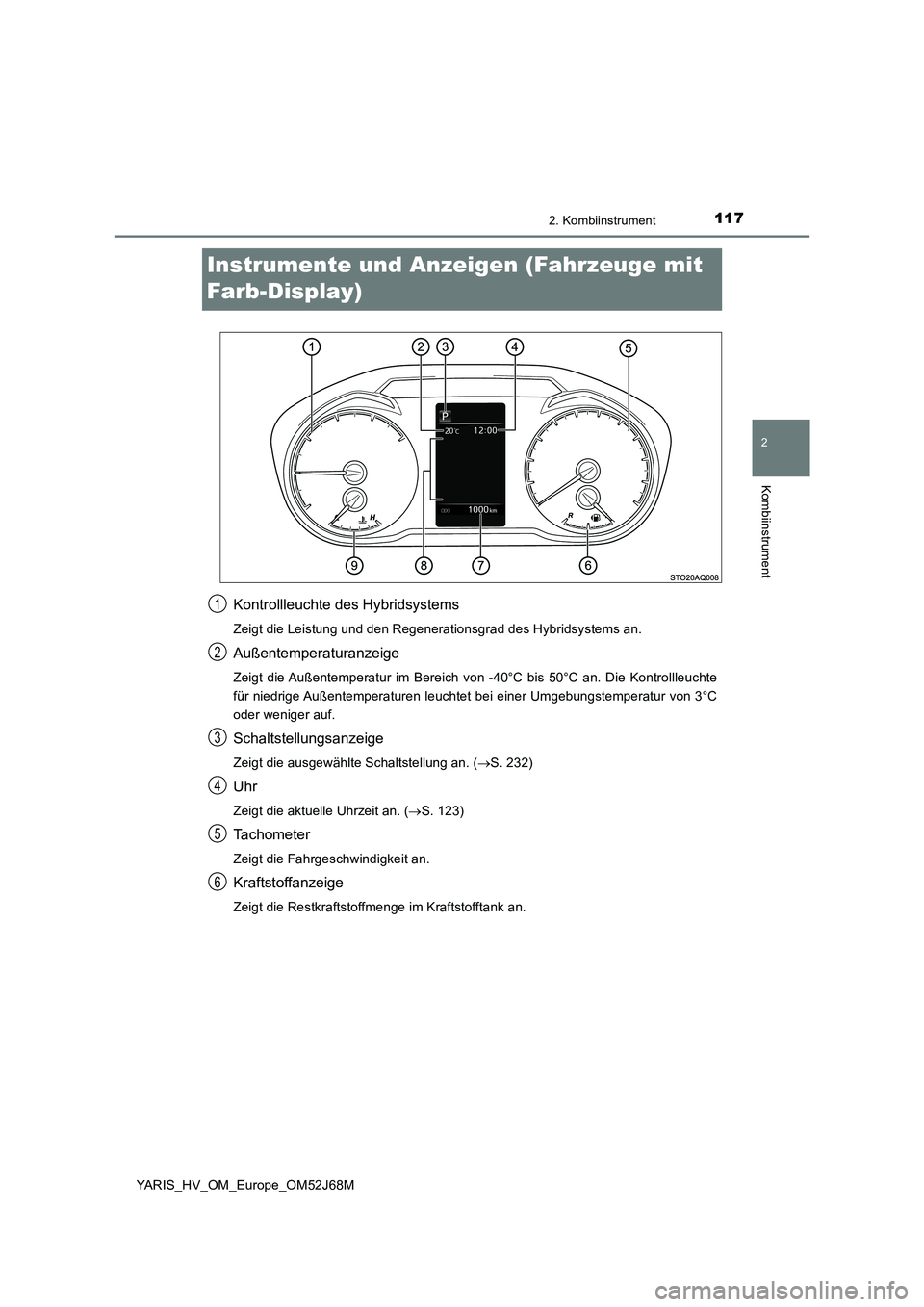 TOYOTA YARIS HATCHBACK 2017  Betriebsanleitungen (in German) 117
2
2. Kombiinstrument
Kombiinstrument
YARIS_HV_OM_Europe_OM52J68M
Instrumente und Anzeigen (Fahrzeuge mit 
Farb-Display)
Kontrollleuchte des Hybridsystems
Zeigt die Leistung und den Regenerationsgr