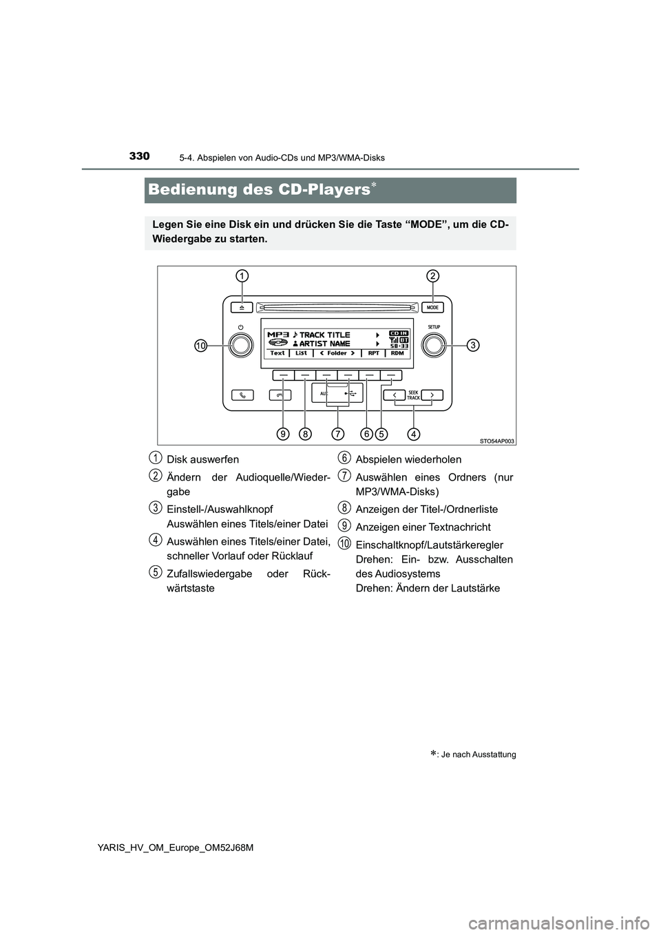TOYOTA YARIS HATCHBACK 2017 Betriebsanleitungen (in German) 3305-4. Abspielen von Audio-CDs und MP3/WMA-Disks
YARIS_HV_OM_Europe_OM52J68M
Bedienung des CD-Players
: Je nach Ausstattung
Legen Sie eine Disk ein und drücken Sie die Taste “MODE”, um die TOYOTA YARIS HATCHBACK 2017 Betriebsanleitungen (in German) 3305-4. Abspielen von Audio-CDs und MP3/WMA-Disks
YARIS_HV_OM_Europe_OM52J68M
Bedienung des CD-Players
: Je nach Ausstattung
Legen Sie eine Disk ein und drücken Sie die Taste “MODE”, um die