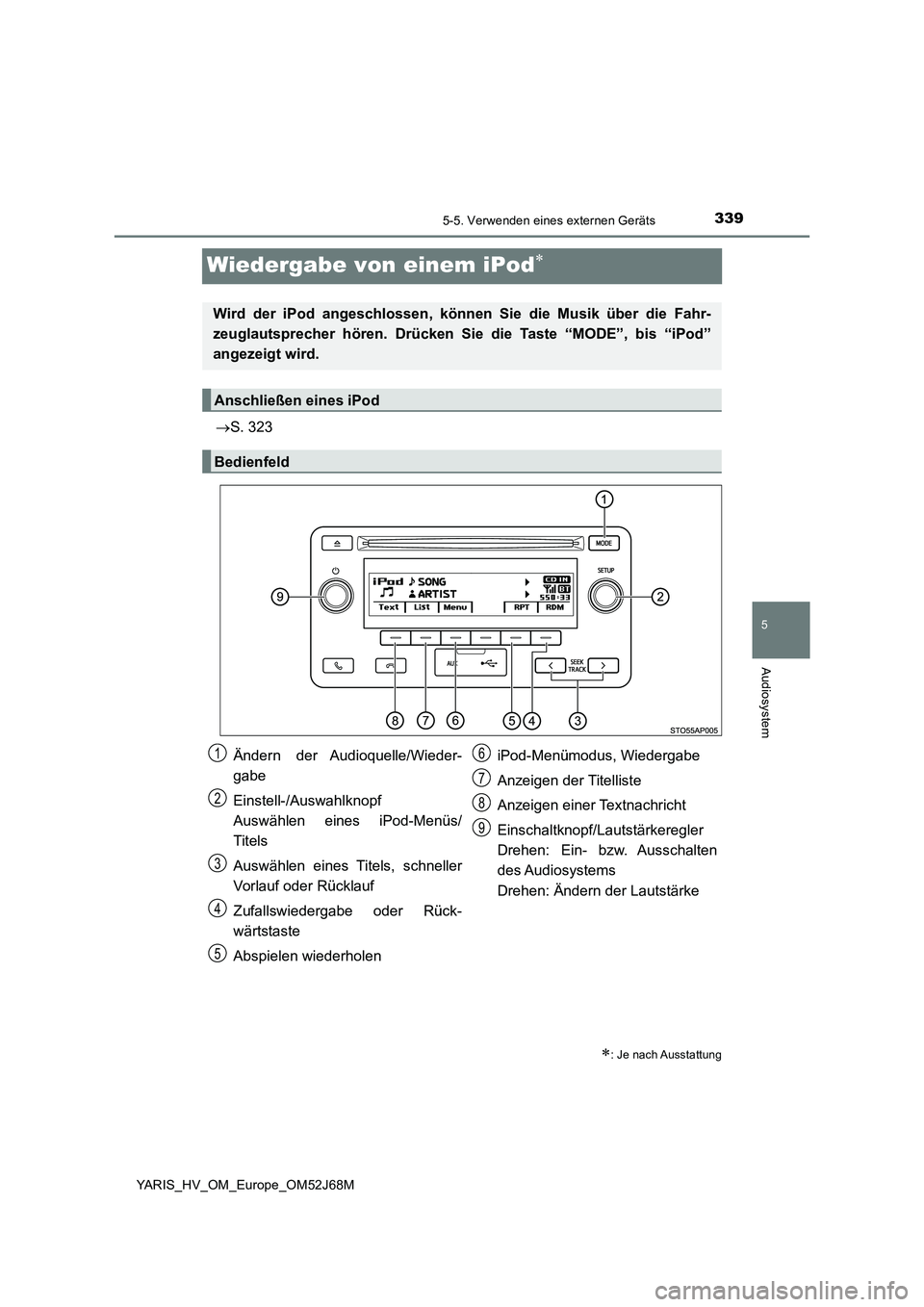 TOYOTA YARIS HATCHBACK 2017 Betriebsanleitungen (in German) 339
5
5-5. Verwenden eines externen Geräts
Audiosystem
YARIS_HV_OM_Europe_OM52J68M
Wiedergabe von einem iPod
S. 323
: Je nach Ausstattung
Wird der iPod angeschlossen, können Sie die Musik TOYOTA YARIS HATCHBACK 2017 Betriebsanleitungen (in German) 339
5
5-5. Verwenden eines externen Geräts
Audiosystem
YARIS_HV_OM_Europe_OM52J68M
Wiedergabe von einem iPod
S. 323
: Je nach Ausstattung
Wird der iPod angeschlossen, können Sie die Musik