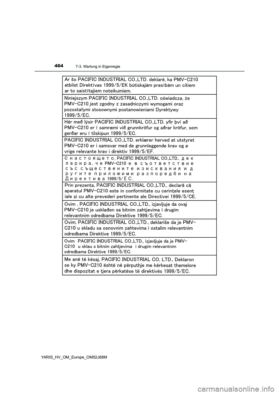 TOYOTA YARIS HATCHBACK 2017 Betriebsanleitungen (in German) 4647-3. Wartung in Eigenregie
YARIS_HV_OM_Europe_OM52J68M TOYOTA YARIS HATCHBACK 2017 Betriebsanleitungen (in German) 4647-3. Wartung in Eigenregie
YARIS_HV_OM_Europe_OM52J68M