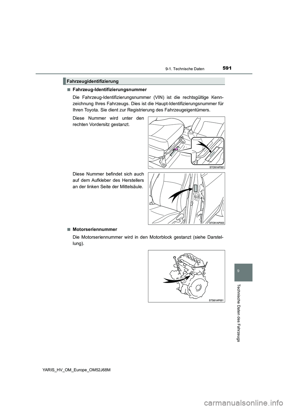 TOYOTA YARIS HATCHBACK 2017  Betriebsanleitungen (in German) 5919-1. Technische Daten
9
Technische Daten des Fahrzeugs
YARIS_HV_OM_Europe_OM52J68M■
Fahrzeug-Identifizierungsnummer
Die Fahrzeug-Identifizierungsnummer (VIN) ist die rechtsgültige Kenn-
zeichnun