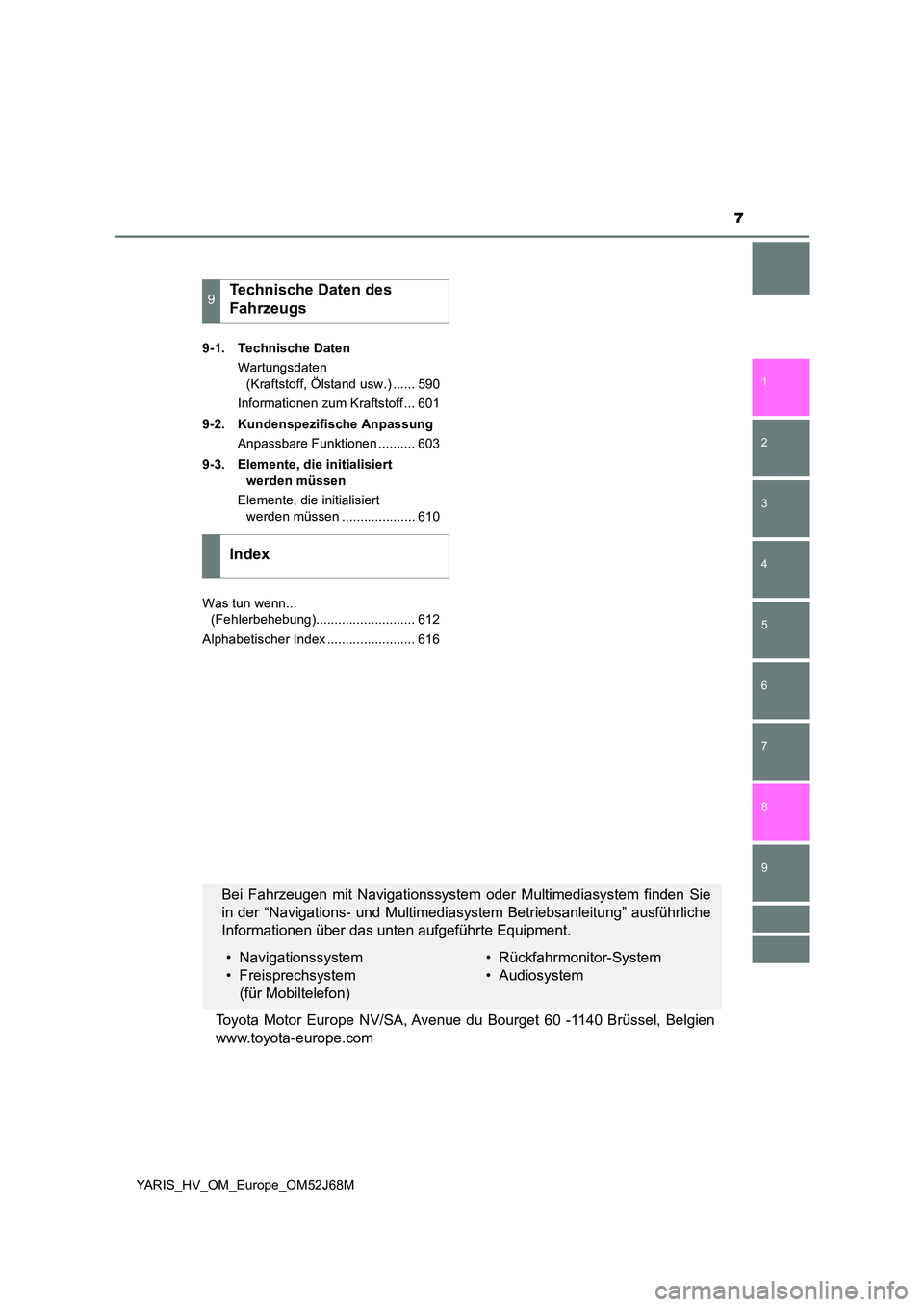 TOYOTA YARIS HATCHBACK 2017  Betriebsanleitungen (in German) 7
1 
7 
8 
6 
5
4
3
2
9
YARIS_HV_OM_Europe_OM52J68M 
9-1. Technische Daten 
Wartungsdaten  
(Kraftstoff, Ölstand usw.) ...... 590 
Informationen zum Kraftstoff ... 601 
9-2. Kundenspezifische Anpassu