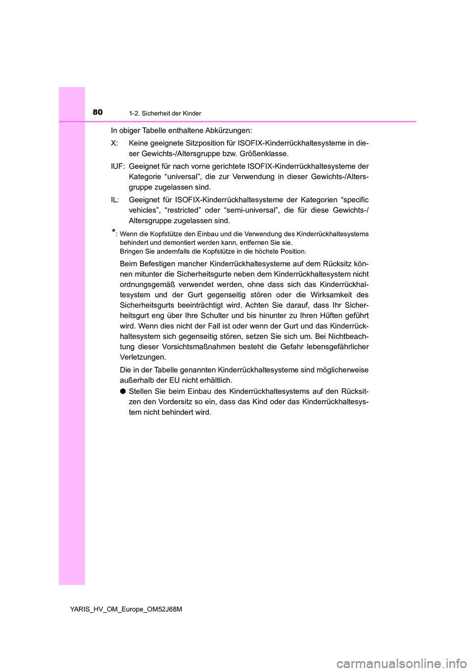 TOYOTA YARIS HATCHBACK 2017  Betriebsanleitungen (in German) 801-2. Sicherheit der Kinder
YARIS_HV_OM_Europe_OM52J68M
In obiger Tabelle enthaltene Abkürzungen: 
X: Keine geeignete Sitzposition für ISOFIX-Kinderrückhaltesysteme in die- 
ser Gewichts-/Altersgr