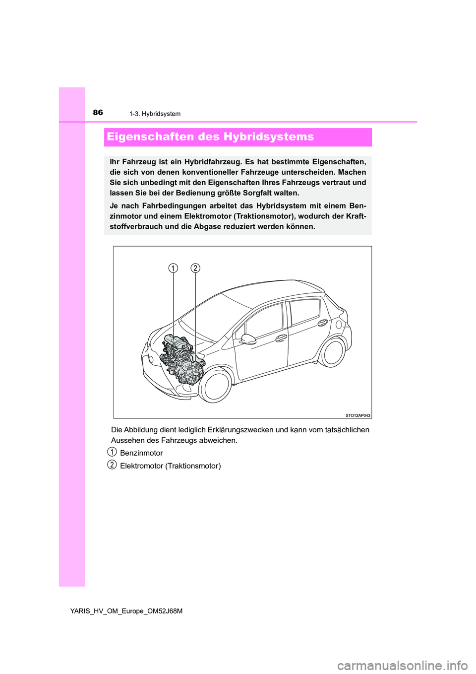 TOYOTA YARIS HATCHBACK 2017  Betriebsanleitungen (in German) 861-3. Hybridsystem
YARIS_HV_OM_Europe_OM52J68M
Eigenschaften des Hybridsystems
Die Abbildung dient lediglich Erklärungszwecken und kann vom tatsächlichen 
Aussehen des Fahrzeugs abweichen. 
Benzinm