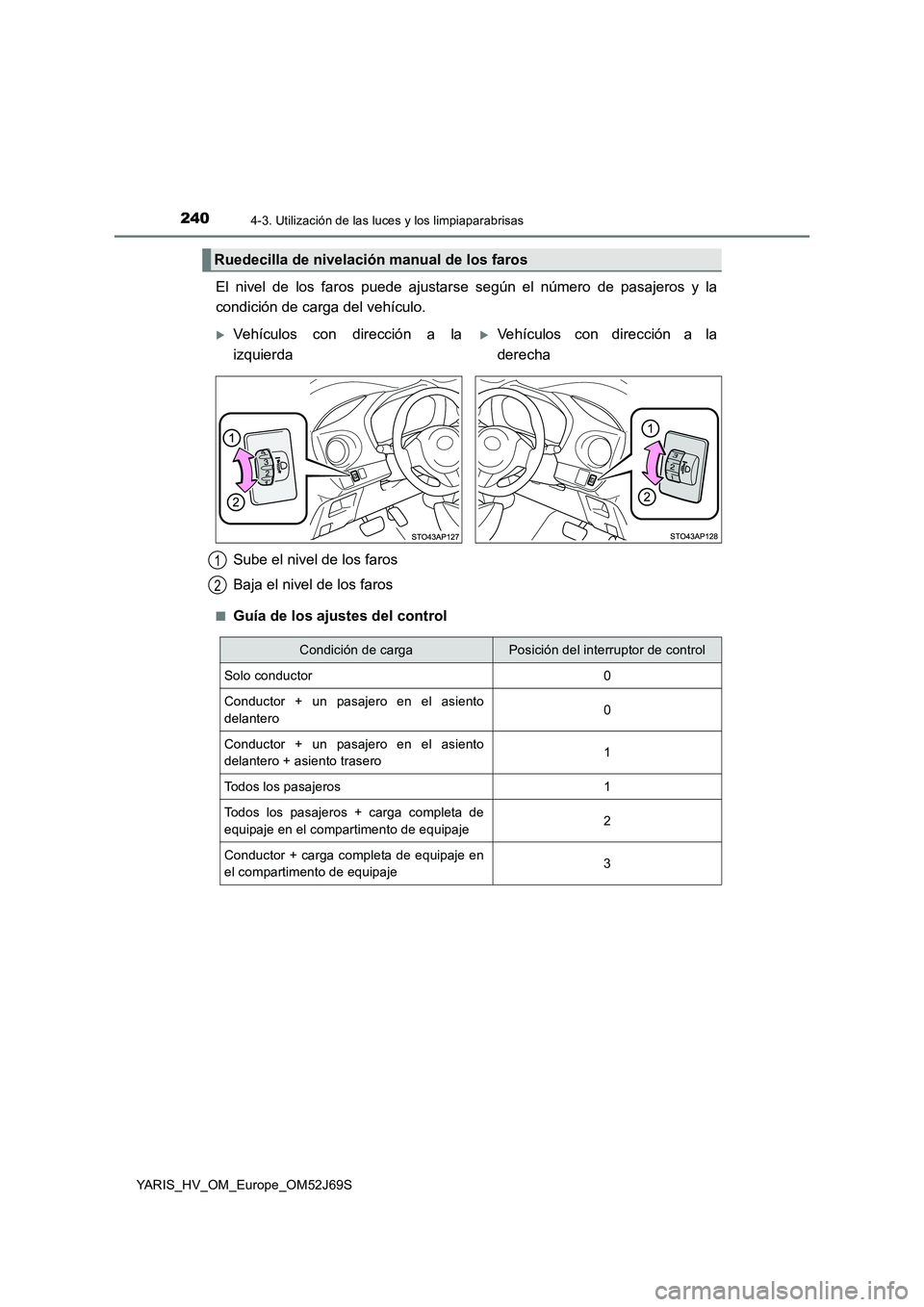 TOYOTA YARIS HATCHBACK 2017  Manual del propietario (in Spanish) 2404-3. Utilización de las luces y los limpiaparabrisas
YARIS_HV_OM_Europe_OM52J69S
El nivel de los faros puede ajustarse según el número de pasajeros y la 
condición de carga del vehículo.
■Gu