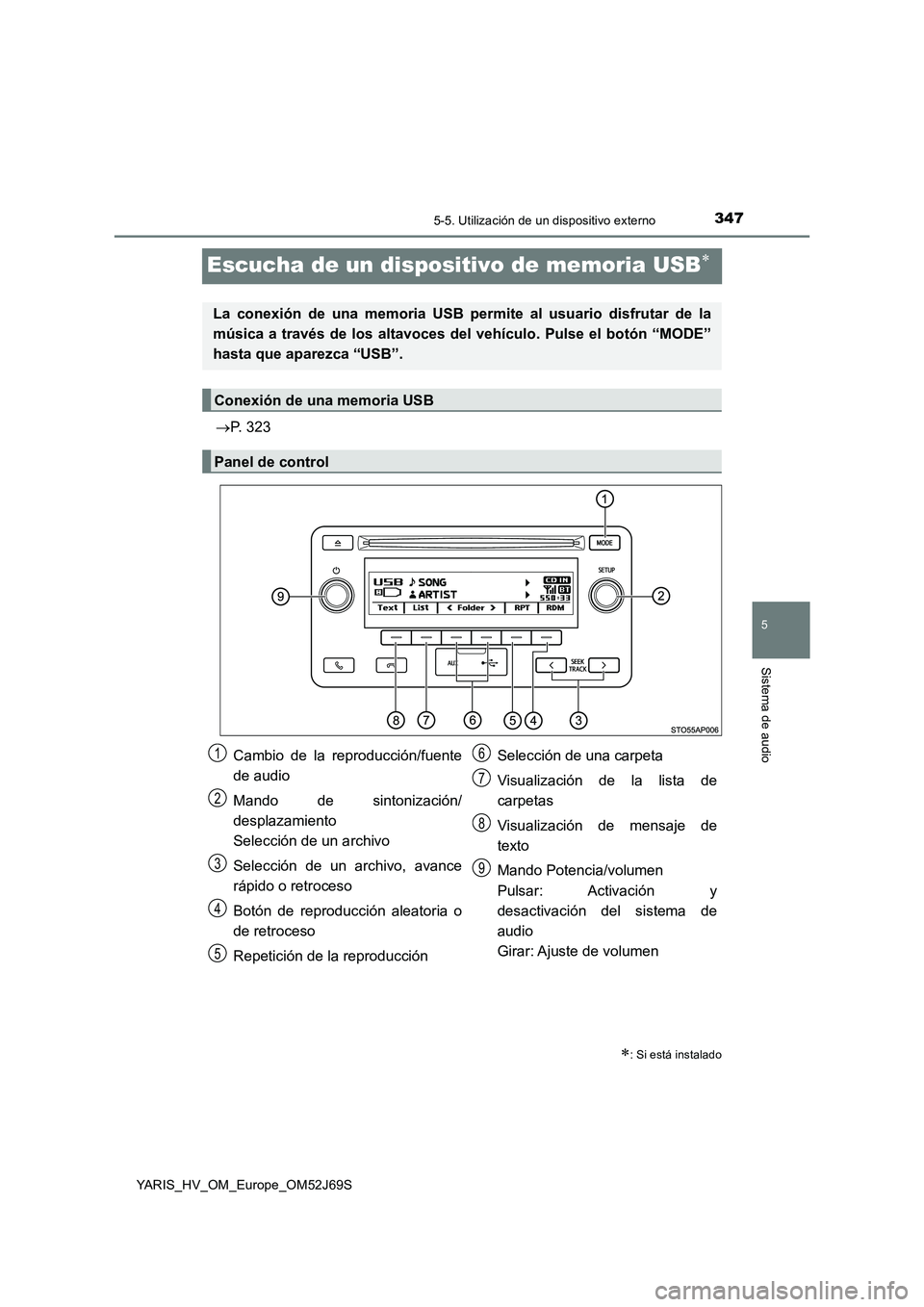 TOYOTA YARIS HATCHBACK 2017  Manual del propietario (in Spanish) 347
5
5-5. Utilización de un dispositivo externo
Sistema de audio
YARIS_HV_OM_Europe_OM52J69S
Escucha de un dispositivo de memoria USB
P. 323
: Si está instalado
La conexión de una memoria