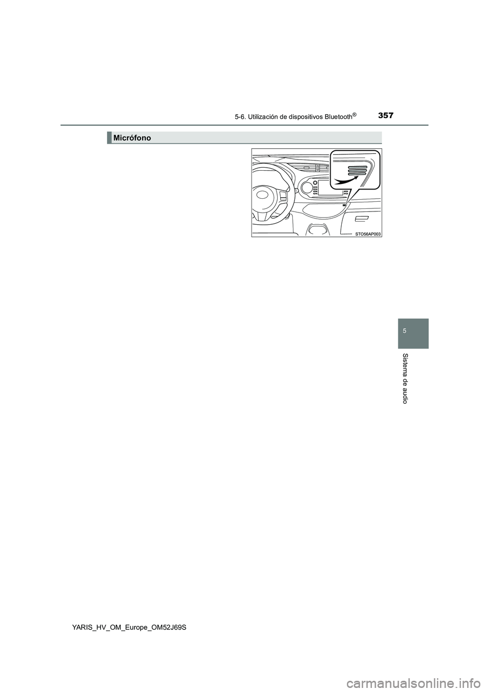 TOYOTA YARIS HATCHBACK 2017 Manual del propietario (in Spanish) 3575-6. Utilización de dispositivos Bluetooth®
5
Sistema de audio
YARIS_HV_OM_Europe_OM52J69S
Micrófono TOYOTA YARIS HATCHBACK 2017 Manual del propietario (in Spanish) 3575-6. Utilización de dispositivos Bluetooth®
5
Sistema de audio
YARIS_HV_OM_Europe_OM52J69S
Micrófono