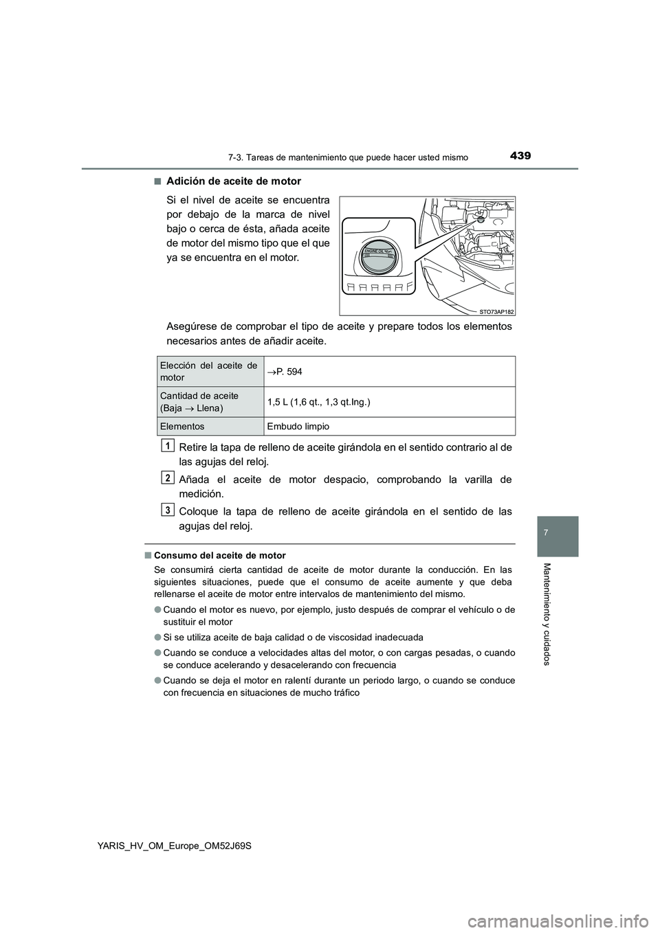 TOYOTA YARIS HATCHBACK 2017 Manual del propietario (in Spanish) 4397-3. Tareas de mantenimiento que puede hacer usted mismo
7
Mantenimiento y cuidados
YARIS_HV_OM_Europe_OM52J69S
■Adición de aceite de motor
Si el nivel de aceite se encuentra
por debajo de la TOYOTA YARIS HATCHBACK 2017 Manual del propietario (in Spanish) 4397-3. Tareas de mantenimiento que puede hacer usted mismo
7
Mantenimiento y cuidados
YARIS_HV_OM_Europe_OM52J69S
■Adición de aceite de motor
Si el nivel de aceite se encuentra
por debajo de la