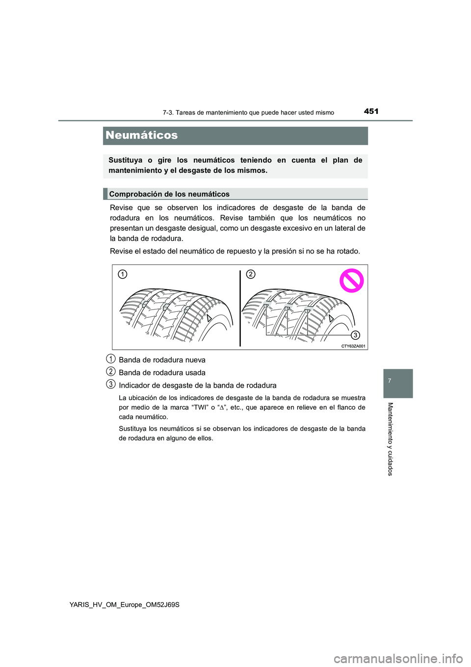 TOYOTA YARIS HATCHBACK 2017 Manual del propietario (in Spanish) 4517-3. Tareas de mantenimiento que puede hacer usted mismo
7
Mantenimiento y cuidados
YARIS_HV_OM_Europe_OM52J69S
Neumáticos
Revise que se observen los indicadores de desgaste de la banda de
rodadu TOYOTA YARIS HATCHBACK 2017 Manual del propietario (in Spanish) 4517-3. Tareas de mantenimiento que puede hacer usted mismo
7
Mantenimiento y cuidados
YARIS_HV_OM_Europe_OM52J69S
Neumáticos
Revise que se observen los indicadores de desgaste de la banda de
rodadu
