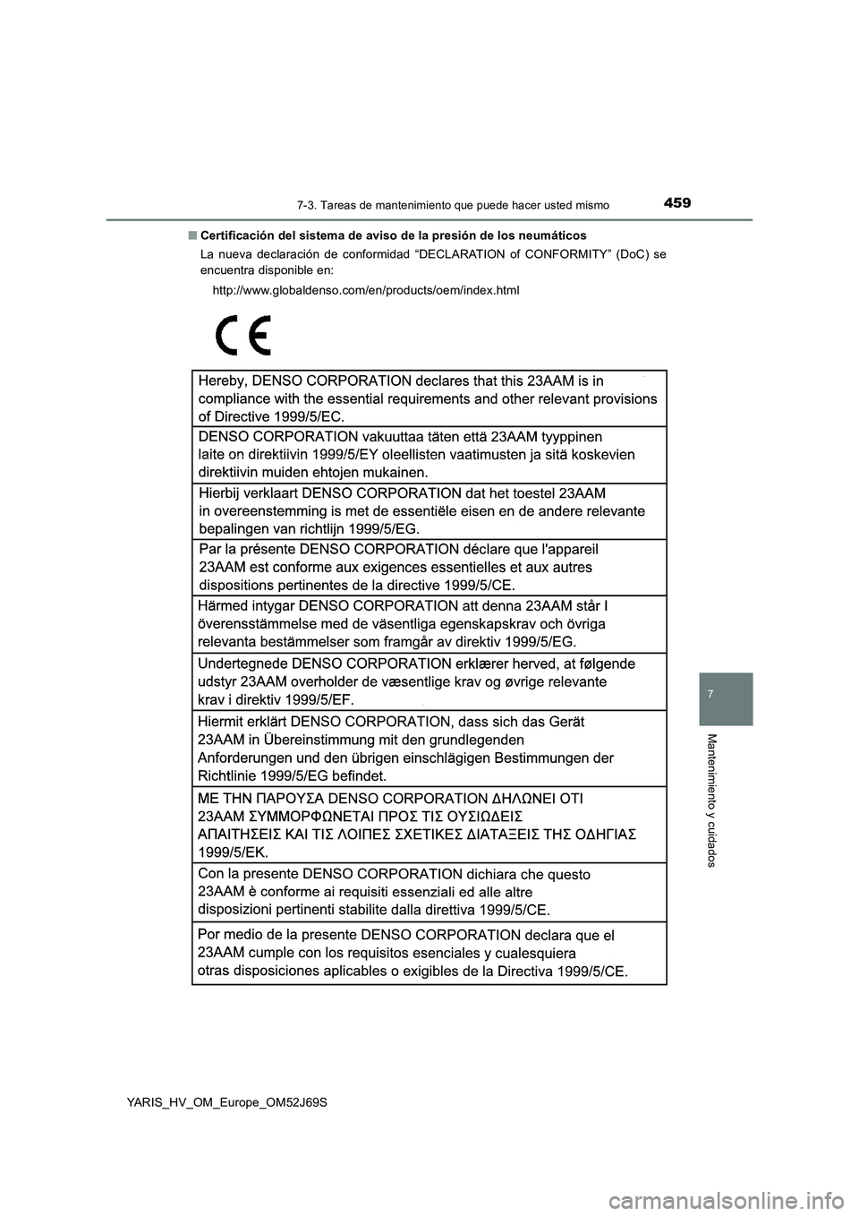 TOYOTA YARIS HATCHBACK 2017 Manual del propietario (in Spanish) 4597-3. Tareas de mantenimiento que puede hacer usted mismo
7
Mantenimiento y cuidados
YARIS_HV_OM_Europe_OM52J69S
■ Certificación del sistema de aviso de la presión de los neumáticos
La nueva TOYOTA YARIS HATCHBACK 2017 Manual del propietario (in Spanish) 4597-3. Tareas de mantenimiento que puede hacer usted mismo
7
Mantenimiento y cuidados
YARIS_HV_OM_Europe_OM52J69S
■ Certificación del sistema de aviso de la presión de los neumáticos
La nueva