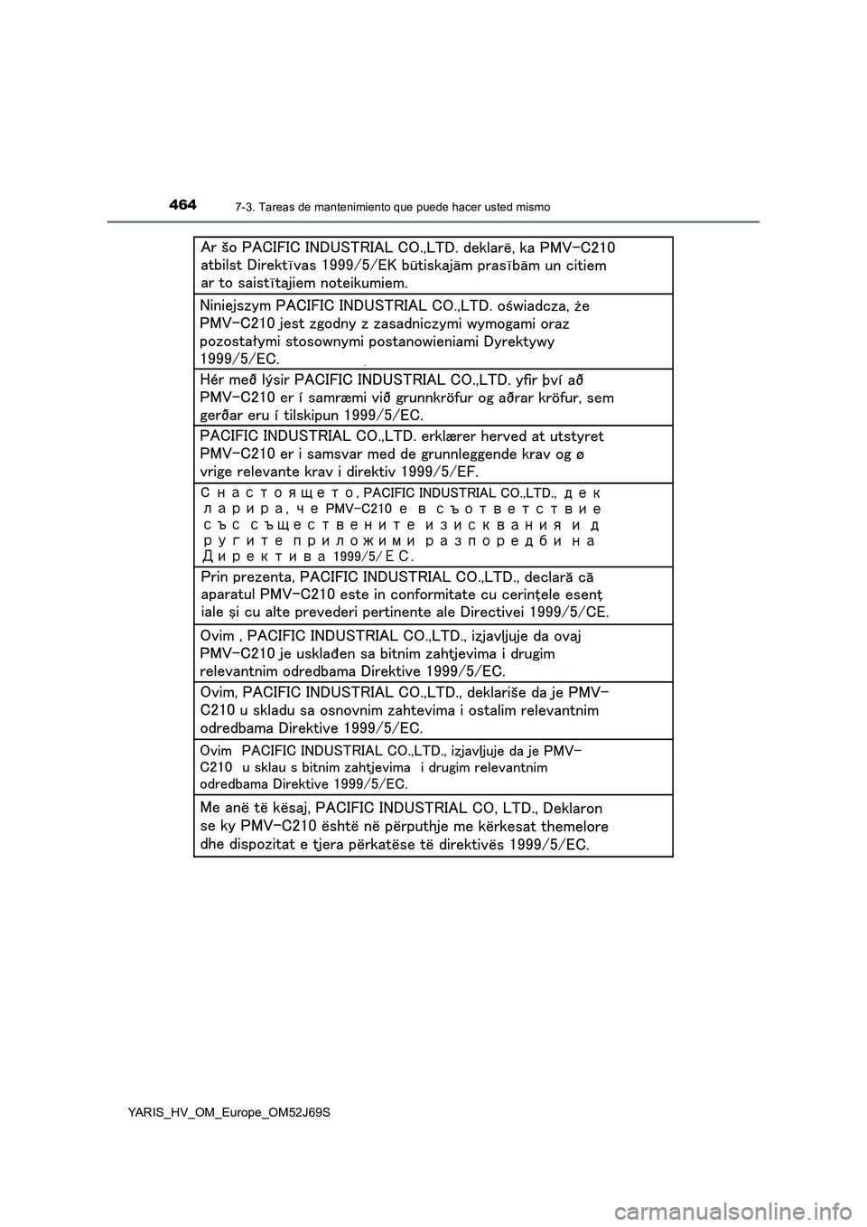 TOYOTA YARIS HATCHBACK 2017  Manual del propietario (in Spanish) 4647-3. Tareas de mantenimiento que puede hacer usted mismo
YARIS_HV_OM_Europe_OM52J69S 