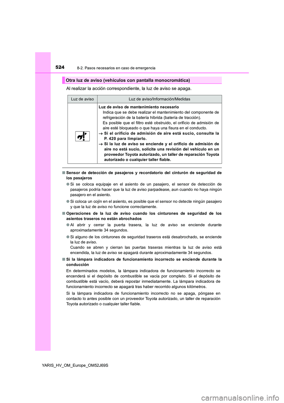 TOYOTA YARIS HATCHBACK 2017 Manual del propietario (in Spanish) 5248-2. Pasos necesarios en caso de emergencia
YARIS_HV_OM_Europe_OM52J69S
Al realizar la acción correspondiente, la luz de aviso se apaga.
■Sensor de detección de pasajeros y recordatorio del cin TOYOTA YARIS HATCHBACK 2017 Manual del propietario (in Spanish) 5248-2. Pasos necesarios en caso de emergencia
YARIS_HV_OM_Europe_OM52J69S
Al realizar la acción correspondiente, la luz de aviso se apaga.
■Sensor de detección de pasajeros y recordatorio del cin