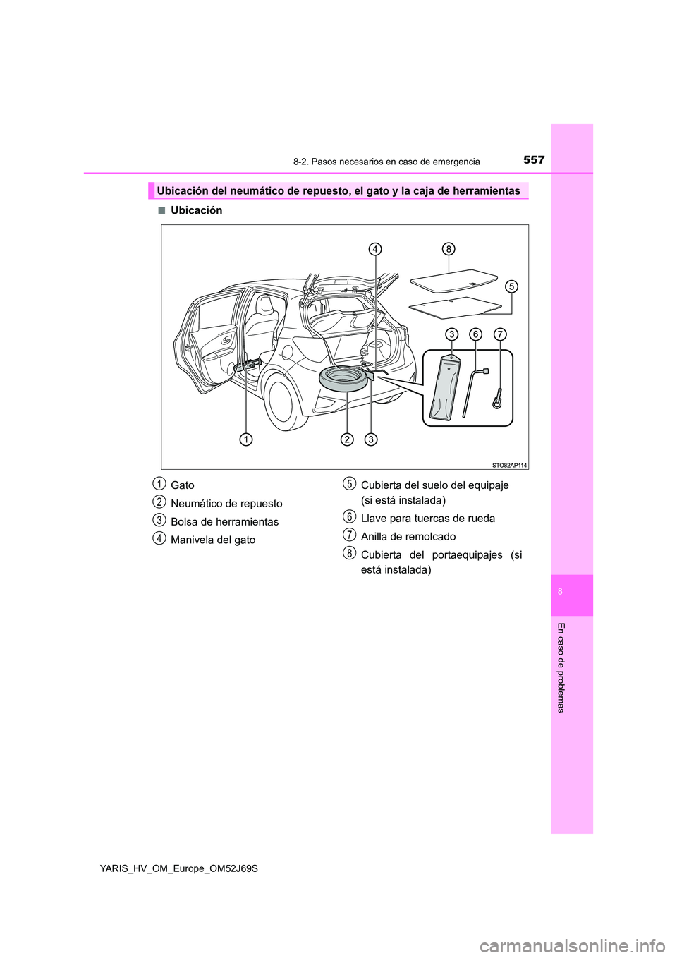 TOYOTA YARIS HATCHBACK 2017  Manual del propietario (in Spanish) 5578-2. Pasos necesarios en caso de emergencia
8
En caso de problemas
YARIS_HV_OM_Europe_OM52J69S 
■Ubicación
Ubicación del neumático de repuesto, el gato y la caja de herramientas
Gato 
Neumáti