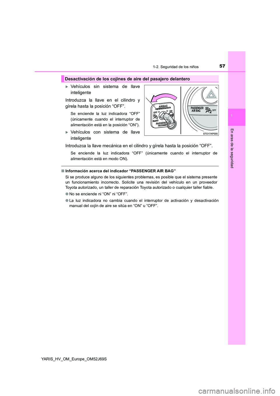 TOYOTA YARIS HATCHBACK 2017 Manual del propietario (in Spanish) 571-2. Seguridad de los niños
1
En aras de la seguridad
YARIS_HV_OM_Europe_OM52J69S
Vehículos sin sistema de llave
inteligente
Introduzca la llave en el cilindro y
gírela hasta la posición TOYOTA YARIS HATCHBACK 2017 Manual del propietario (in Spanish) 571-2. Seguridad de los niños
1
En aras de la seguridad
YARIS_HV_OM_Europe_OM52J69S
Vehículos sin sistema de llave
inteligente
Introduzca la llave en el cilindro y
gírela hasta la posición