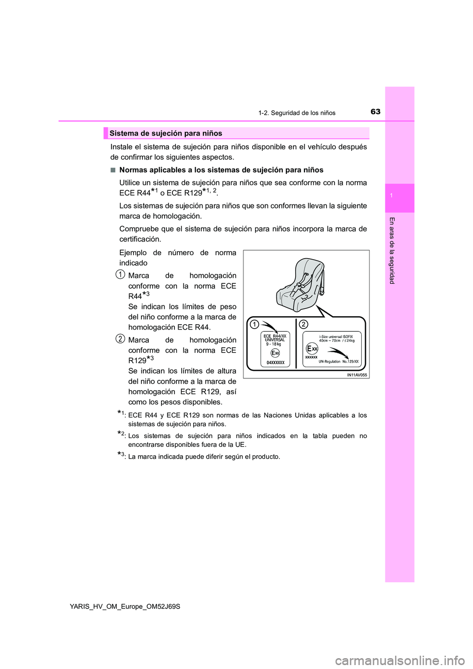 TOYOTA YARIS HATCHBACK 2017 Manual del propietario (in Spanish) 631-2. Seguridad de los niños
1
En aras de la seguridad
YARIS_HV_OM_Europe_OM52J69S
Instale el sistema de sujeción para niños disponible en el vehículo después
de confirmar los siguientes aspect TOYOTA YARIS HATCHBACK 2017 Manual del propietario (in Spanish) 631-2. Seguridad de los niños
1
En aras de la seguridad
YARIS_HV_OM_Europe_OM52J69S
Instale el sistema de sujeción para niños disponible en el vehículo después
de confirmar los siguientes aspect