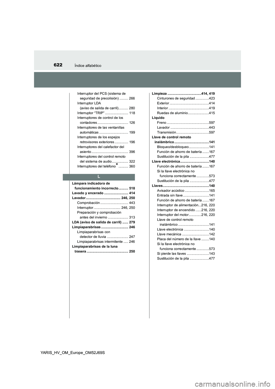 TOYOTA YARIS HATCHBACK 2017  Manual del propietario (in Spanish) 622Índice alfabético
YARIS_HV_OM_Europe_OM52J69S
Interruptor del PCS (sistema de  
seguridad de precolisión) ......... 266 
Interruptor LDA  
(aviso de salida de carril).......... 280 
Interruptor 