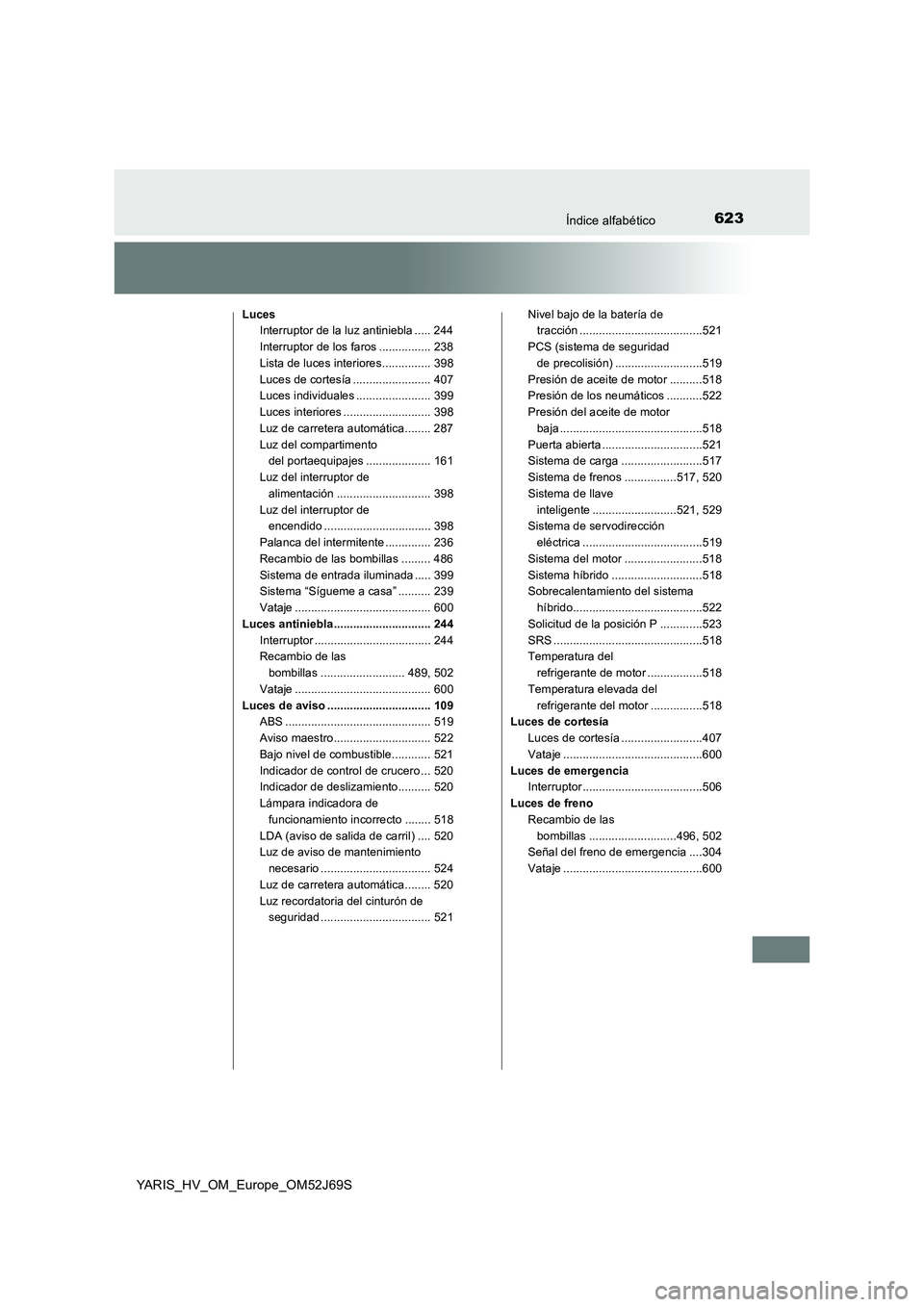 TOYOTA YARIS HATCHBACK 2017  Manual del propietario (in Spanish) 623Índice alfabético
YARIS_HV_OM_Europe_OM52J69S
Luces 
Interruptor de la luz antiniebla ..... 244 
Interruptor de los faros ................ 238 
Lista de luces interiores............... 398 
Luces
