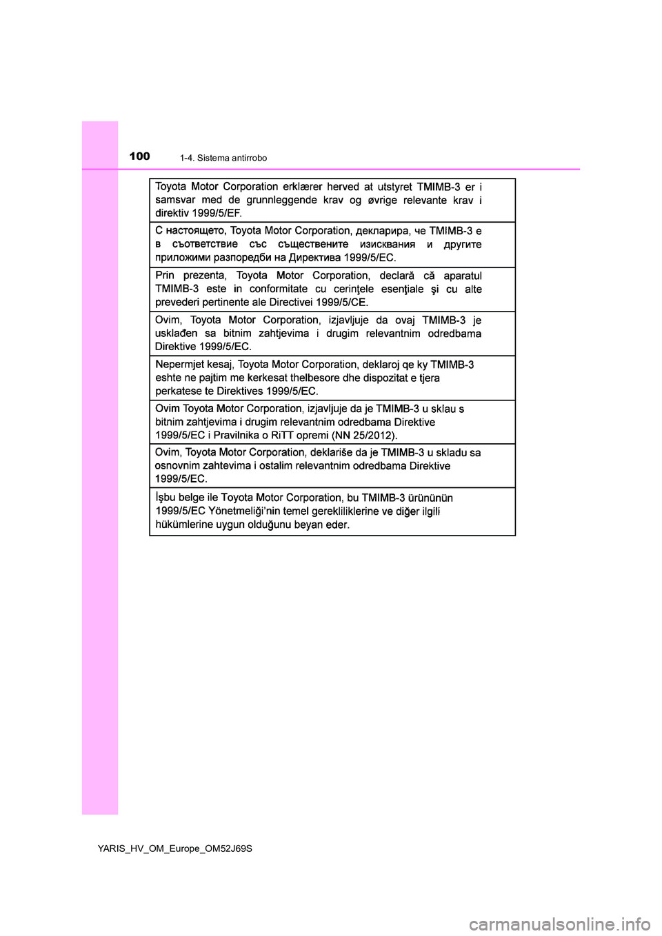 TOYOTA YARIS HATCHBACK 2017 Manual del propietario (in Spanish) 1001-4. Sistema antirrobo
YARIS_HV_OM_Europe_OM52J69S TOYOTA YARIS HATCHBACK 2017 Manual del propietario (in Spanish) 1001-4. Sistema antirrobo
YARIS_HV_OM_Europe_OM52J69S