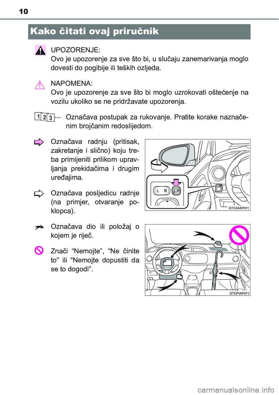 TOYOTA YARIS HATCHBACK 2017 Upute Za Rukovanje (in Croatian) 10
Kako čitati ovaj priručnik
UPOZORENJE:
Ovo je upozorenje za sve što bi, u slučaju zanemarivanja moglo
dovesti do pogibije ili teških ozljeda.
NAPOMENA:
Ovo je upozorenje za sve što bi TOYOTA YARIS HATCHBACK 2017 Upute Za Rukovanje (in Croatian) 10
Kako čitati ovaj priručnik
UPOZORENJE:
Ovo je upozorenje za sve što bi, u slučaju zanemarivanja moglo
dovesti do pogibije ili teških ozljeda.
NAPOMENA:
Ovo je upozorenje za sve što bi