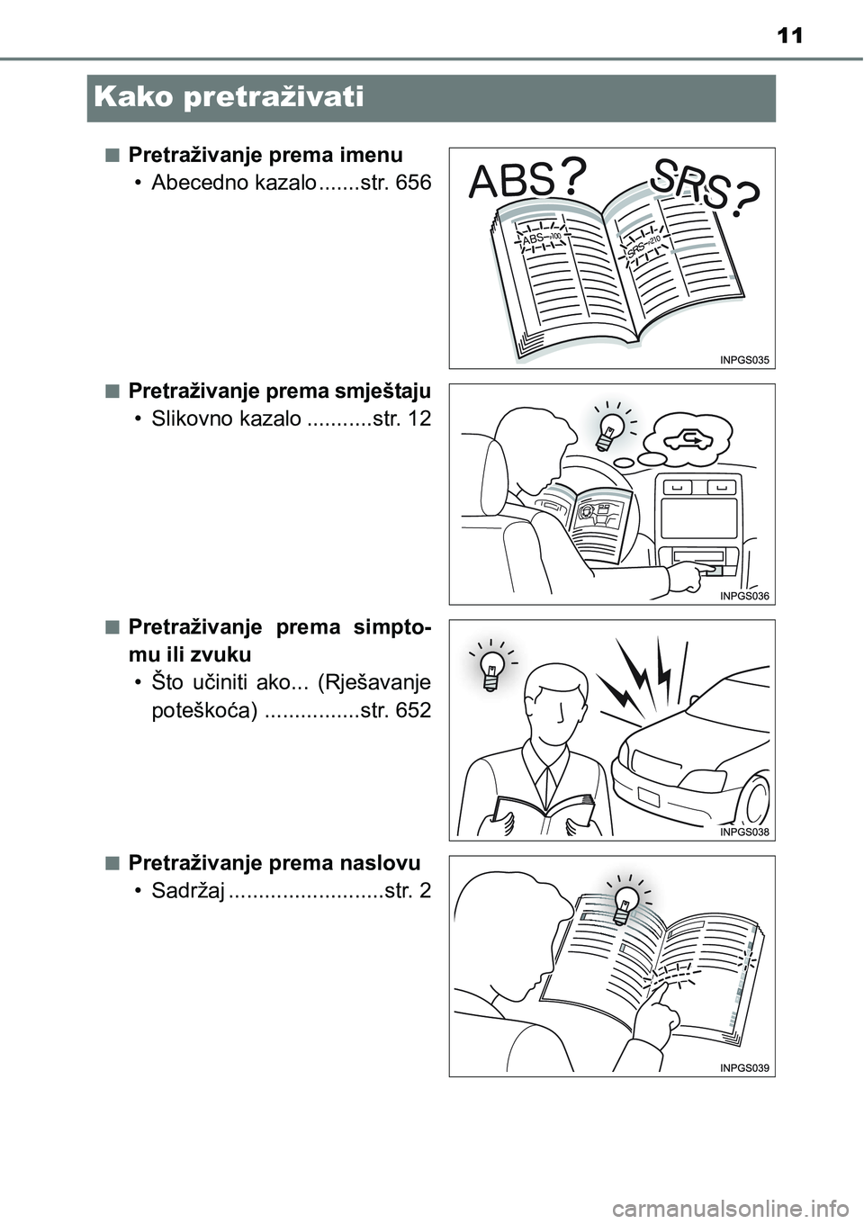 TOYOTA YARIS HATCHBACK 2017 Upute Za Rukovanje (in Croatian) 11
Kako pretraživati
nPretraživanje prema imenu
• Abecedno kazalo.......str. 656
nPretraživanje prema smještaju
• Slikovno kazalo ...........str. 12
nPretraživanje prema simpto-
mu ili zvuk TOYOTA YARIS HATCHBACK 2017 Upute Za Rukovanje (in Croatian) 11
Kako pretraživati
nPretraživanje prema imenu
• Abecedno kazalo.......str. 656
nPretraživanje prema smještaju
• Slikovno kazalo ...........str. 12
nPretraživanje prema simpto-
mu ili zvuk