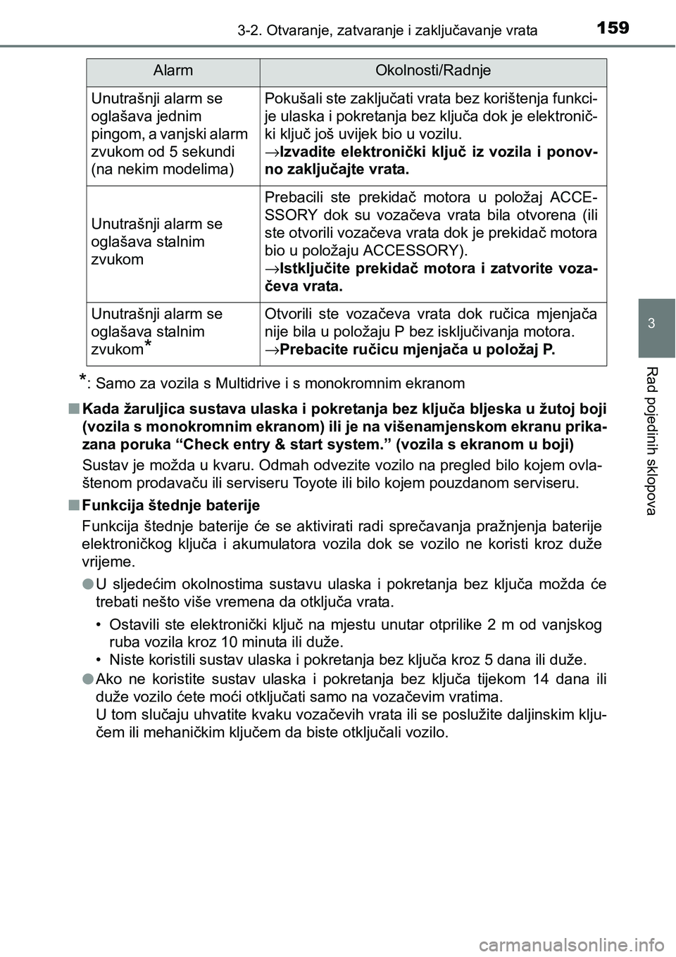 TOYOTA YARIS HATCHBACK 2017  Upute Za Rukovanje (in Croatian) 1593-2. Otvaranje, zatvaranje i zaključavanje vrata
3
Rad pojedinih sklopova
*: Samo za vozila s Multidrive i s monokromnim ekranom
nKada žaruljica sustava ulaska i pokretanja bez ključa bljeska u 