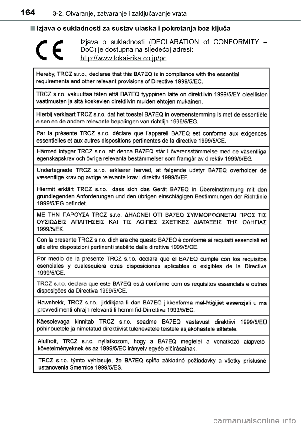 TOYOTA YARIS HATCHBACK 2017  Upute Za Rukovanje (in Croatian) 1643-2. Otvaranje, zatvaranje i zaključavanje vrata
nIzjava o sukladnosti za sustav ulaska i pokretanja bez ključa
Izjava  o  sukladnosti  (DECLARATION  of  CONFORMITY  –
DoC) je dostupna na sljed