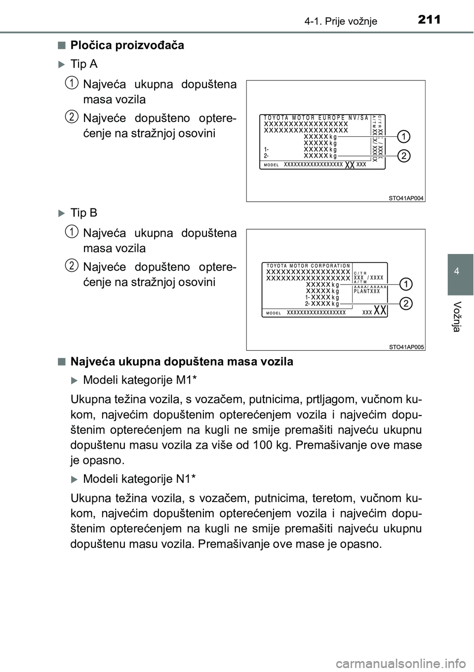 TOYOTA YARIS HATCHBACK 2017  Upute Za Rukovanje (in Croatian) 2114-1. Prije vožnje
4
Vožnja
nPločica proizvođača
Tip A
Najveća  ukupna  dopuštena
masa vozila
Najveće  dopušteno  optere-
ćenje na stražnjoj osovini
Tip B
Najveća  ukupna  dopušte