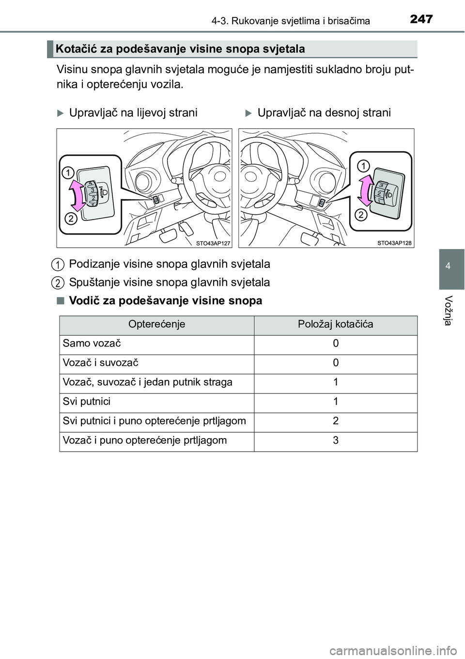 TOYOTA YARIS HATCHBACK 2017  Upute Za Rukovanje (in Croatian) 2474-3. Rukovanje svjetlima i brisačima
4
Vožnja
Visinu snopa glavnih svjetala moguće je namjestiti sukladno broju put-
nika i opterećenju vozila.
Podizanje visine snopa glavnih svjetala
Spuštanj
