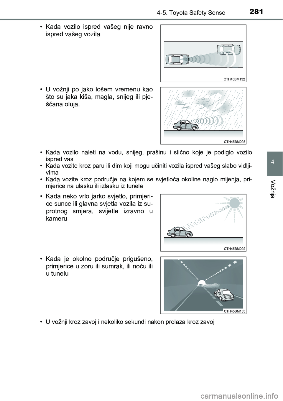 TOYOTA YARIS HATCHBACK 2017  Upute Za Rukovanje (in Croatian) 2814-5. Toyota Safety Sense
4
Vožnja
• Kada  vozilo  naleti  na  vodu,  snijeg,  prašinu  i  slično  koje  je  podiglo  vozilo
ispred vas
• Kada vozite kroz paru ili dim koji mogu učiniti vozi
