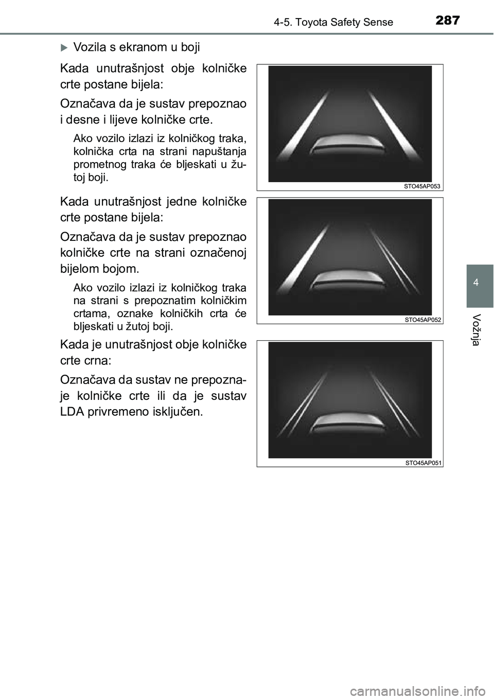 TOYOTA YARIS HATCHBACK 2017  Upute Za Rukovanje (in Croatian) 2874-5. Toyota Safety Sense
4
Vožnja
Vozila s ekranom u boji
Kada  unutrašnjost  obje  kolničke
crte postane bijela:
Označava da je sustav prepoznao
i desne i lijeve kolničke crte.
Ako  vozilo